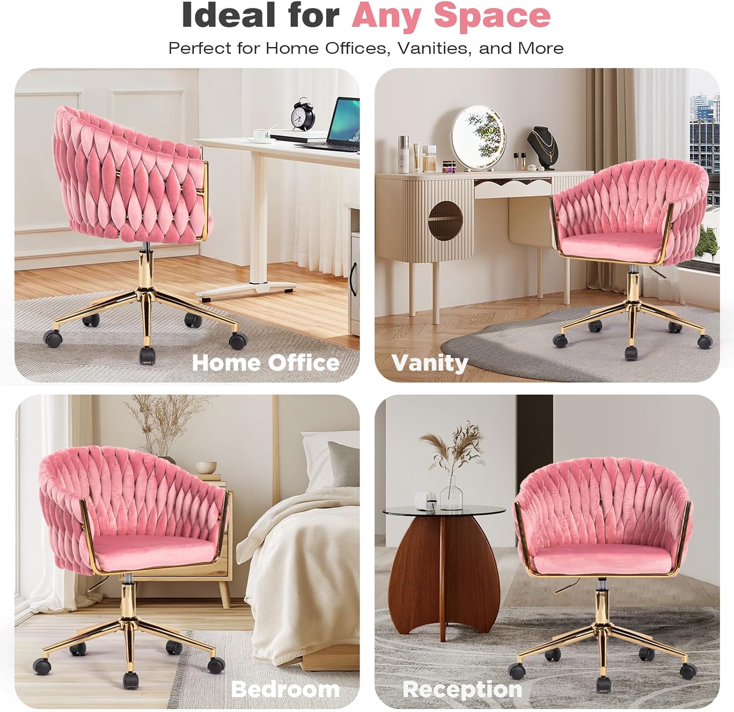 Cute Velvet Office Chair with Back and Golden Wheels, 360° Swivel Small Office Desk Chair Makeup Vanity Chair for Bedroom, Pink Rolling Chair