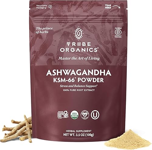TRIBE ORGANICS KSM-66 Polvo de extracto de raíz de ashwagandha hierba ayurvédica para apoyar el estado de ánimo  Aumenta la energía  Fuerza -