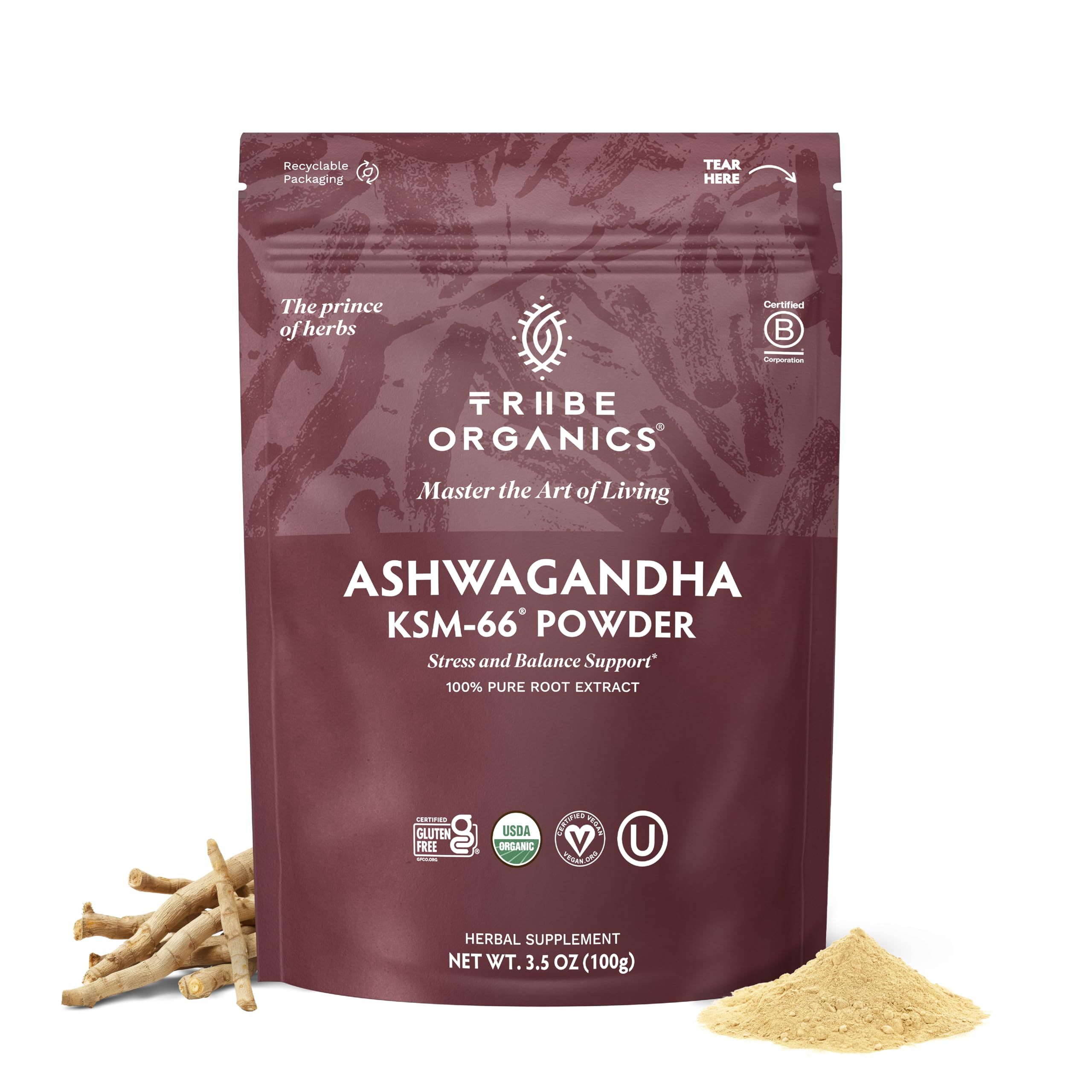 TRIBE ORGANICS KSM-66 Ashwagandha Root Extract Powder Ayurvedic Herb for Mood Support | Increase Energy | Strength - Organic | Natural | Gluten Free | Non GMO | Full-Spectrum - 100g Pouch