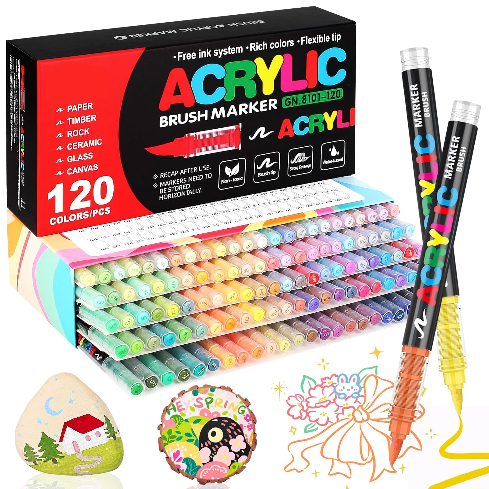 120 Colores Rotuladores Acrilicos, Cabeza de Cepillo Suave Acrylic Markers, Marcadores AcríLicos para Colorear, Piedra, Madera, Lienzo, Vidrio, CeráMica, Artesanía