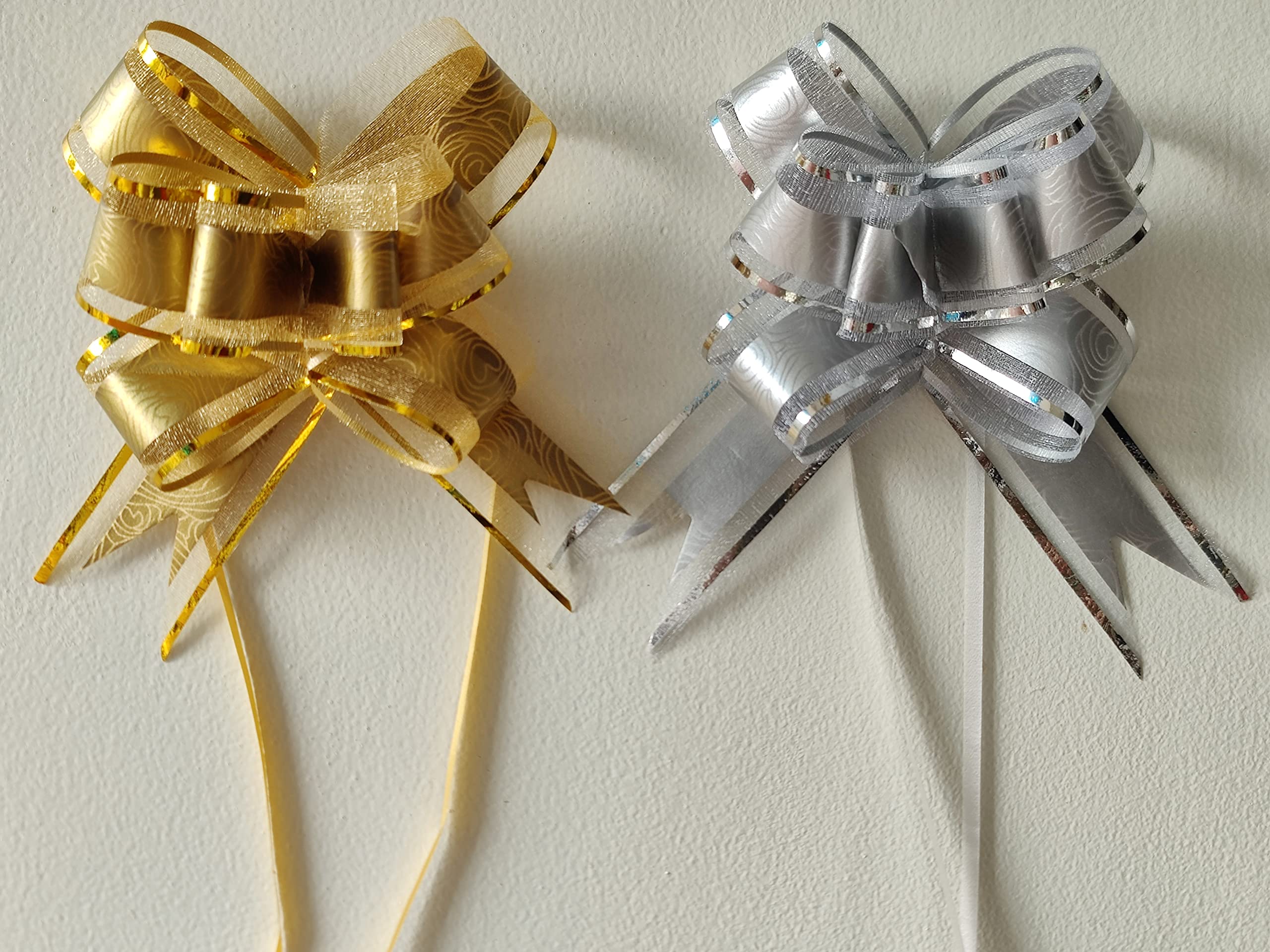 UKIYO | 10 Piece Gift Bows, Large Pull Bows, Bows for Gifts, Large Bows for Presents, Pull Bows with Ribbon for All Occasions (Design 1(5 gold + 5 silver))