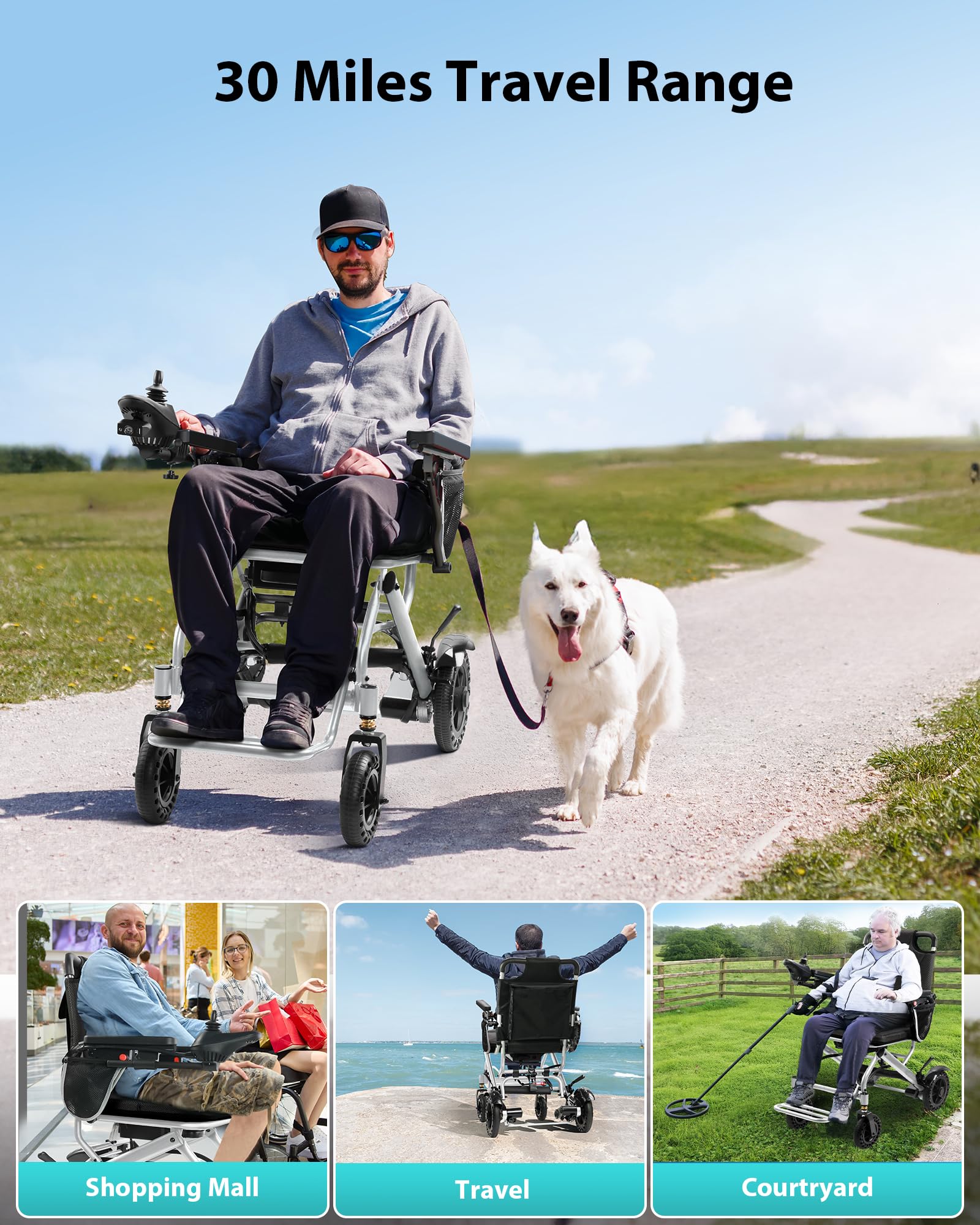 Silla de ruedas eléctrica plegable ligera (15 kg) – Silla de ruedas eléctrica para personas mayores, alcance hasta 24 km, homologada para viajes en avión, motor doble de 360 W, silla de