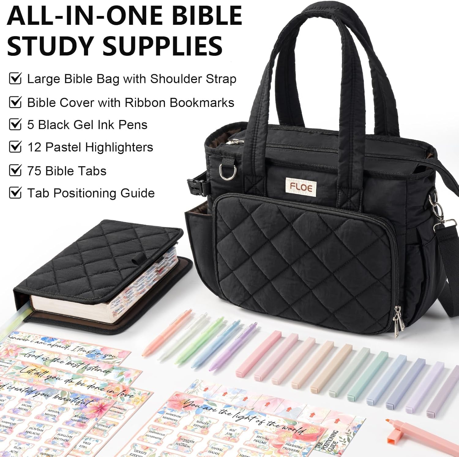 Large Bible Bag w/Bible Cover Case for Women, Puffer Bible Tote Bag Quilted Church Bag Book Carrying Case w/Shoulder Strap, Bible Study Supplies Journaling Kit Accessories Women Christian Easter Gift