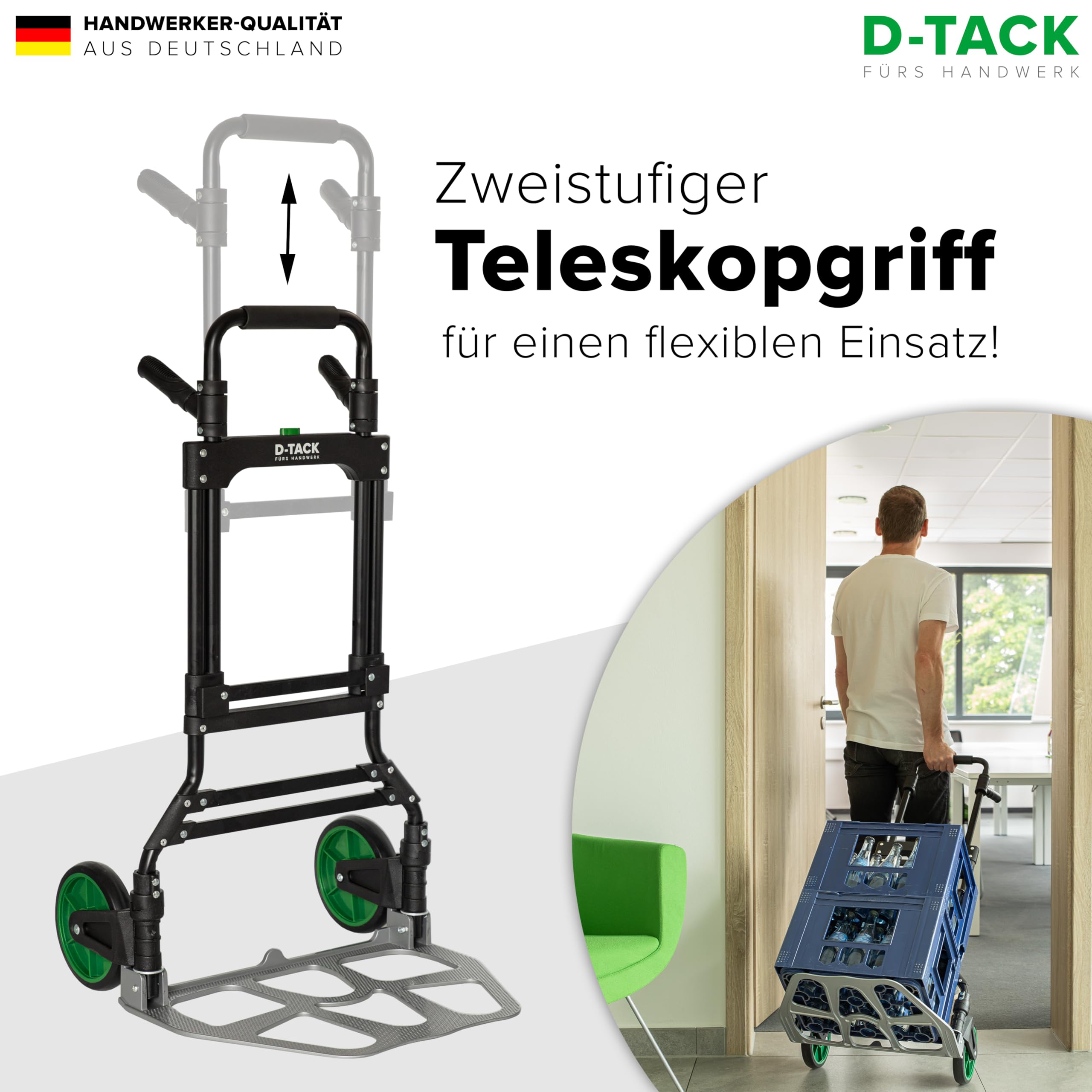 D-TACK Sackkarre aus Aluminium-Stahl | Traglast 150 kg | Teleskopgriff 110 cm | Mit 2 gummiummantelten, einklappbaren Rädern | Klappbare Transportkarre | Hochwertige Handkarre