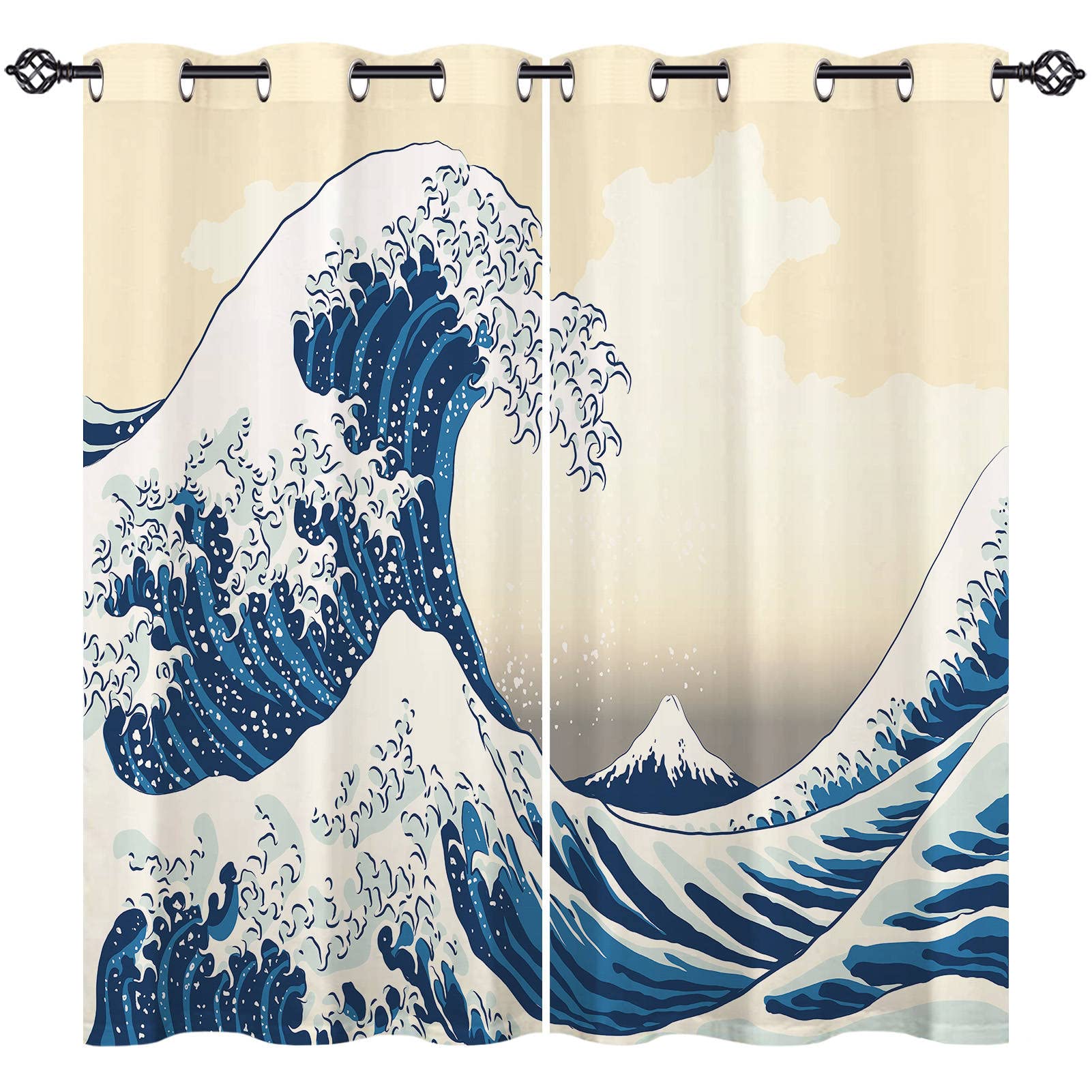 ANHOPE Wave Curtains Eyelet Thermal Insulated Blackout Curtains Old Japanese Artwork Big Wave Mountain Fuji Print Pattern Ring Top Window Drapes for Bedroom Living Room 66 x 54 Inch Drop 2 Panels โ image 1