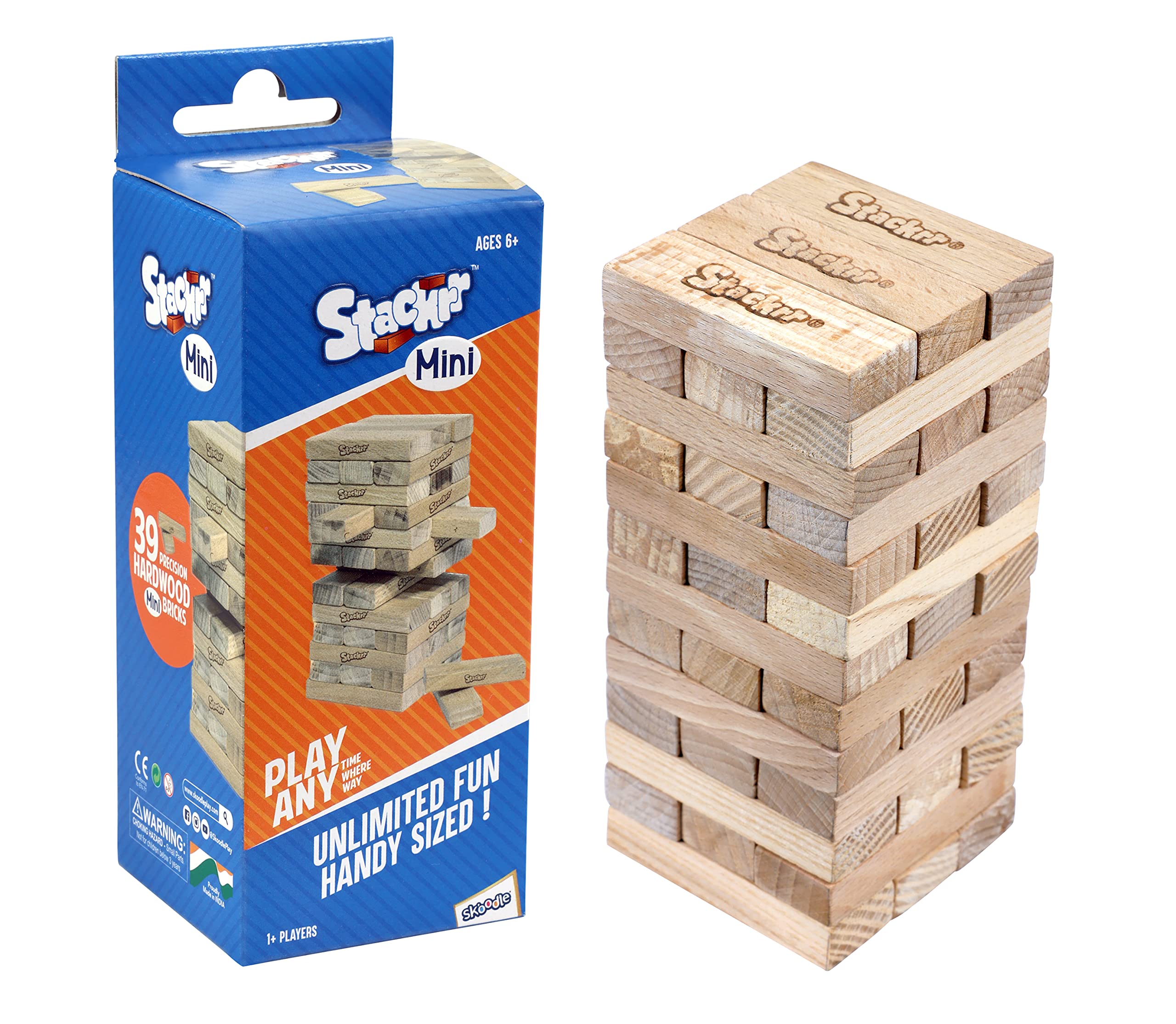 SKOODLE Stackrr Tumbling Tower Game with 54 Precision Wooden Blocks of Premium Beachwood, Fun Game for Adults and Kids, 1 or More Players (Mini)