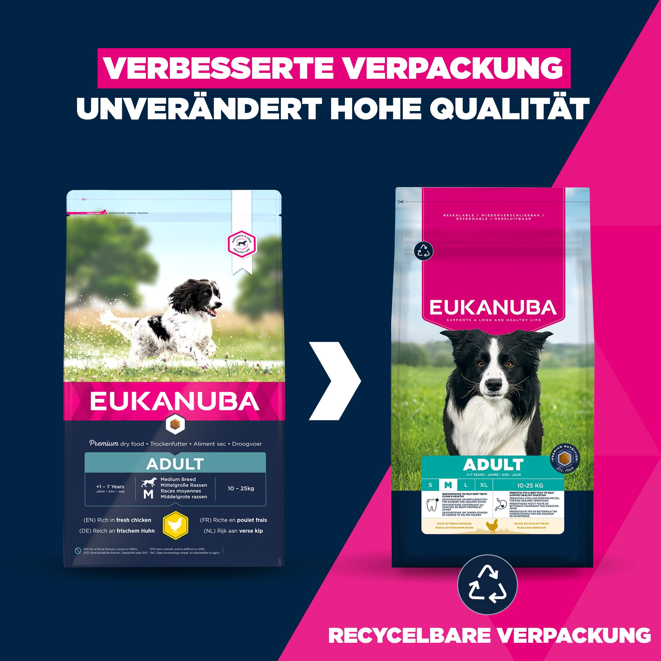 Eukanuba Hundefutter mit frischem Huhn für mittelgroße Rassen, Premium Trockenfutter für ausgewachsene Hunde, 15 kg