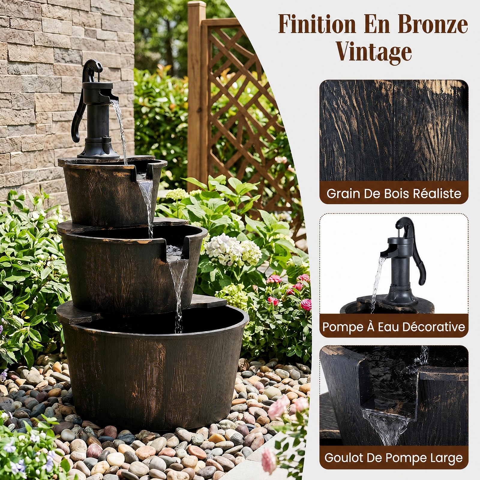 COSTWAY Fontaine de Jardin à 3 Niveaux en Baril avec Pompe Réglable