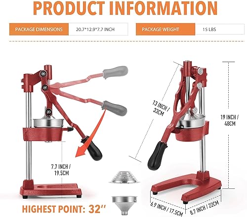 Miniatura 7 de Gowintech 19 pulgadas de altura extra alto comercial resistente prensa manual naranja cítrico limón lima pomelo granada fruta jugo exprimidor rojo