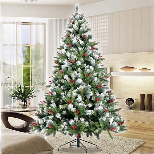 Árbol de Navidad artificial flocado de 7.5 pies, árbol de Navidad nevado con bisagras de color verde festivo con piñas y bayas rojas, árbol de