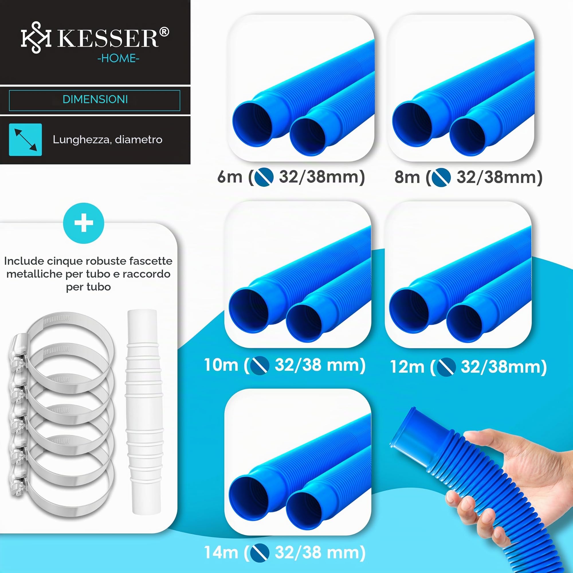 Tubo per piscina KESSER | tubo per con manicotti | tubo solare per piscina da esterni e al coperto | aspirazione | flessibile per pompa | flessibile dell’acqua