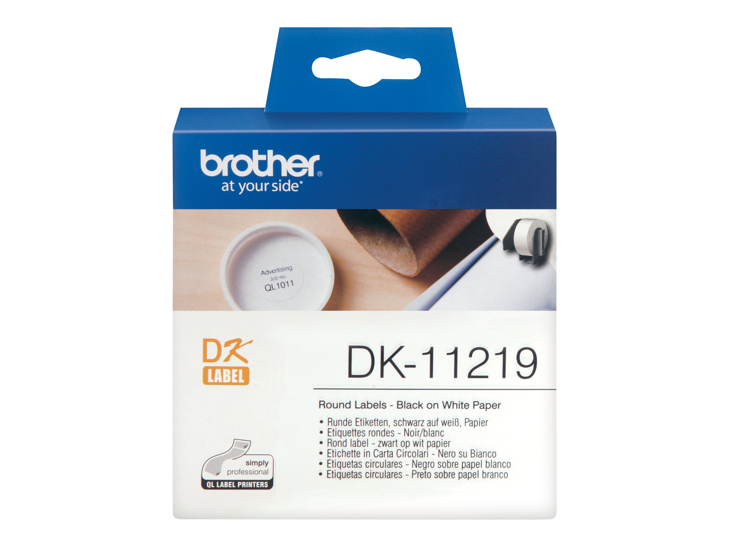 Brother DK-11219 Label Roll, Round Labels, Black on White, 1200 Labels, 12mm, Brother Genuine Supplies