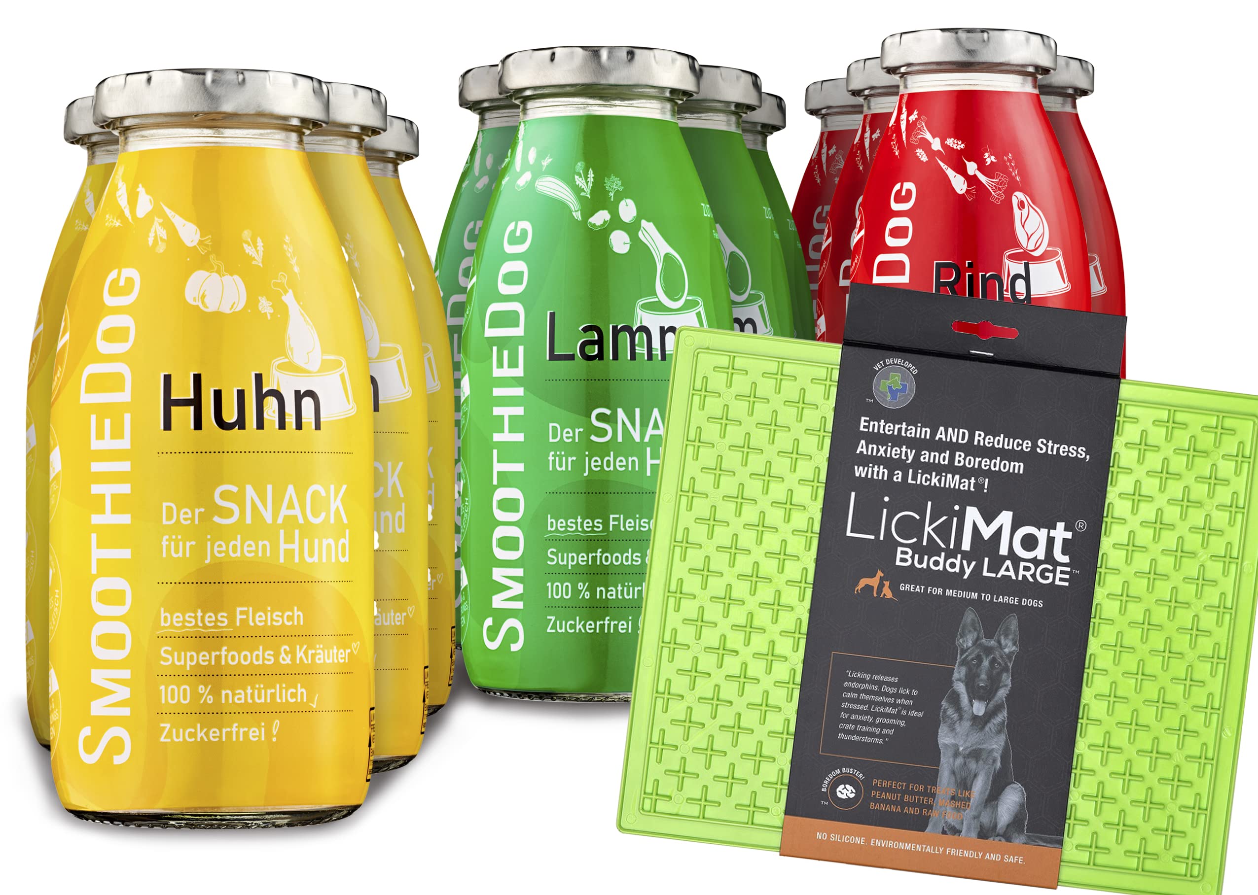 SmoothieDog 12er Probierset + Lickimat Buddy L grün 30,5x25,5cm Hundesmoothie - 4xLamm, 4xRind, 4X Huhn - je250ml Probierpaket - Gluten und Zuckerfrei (Grün)