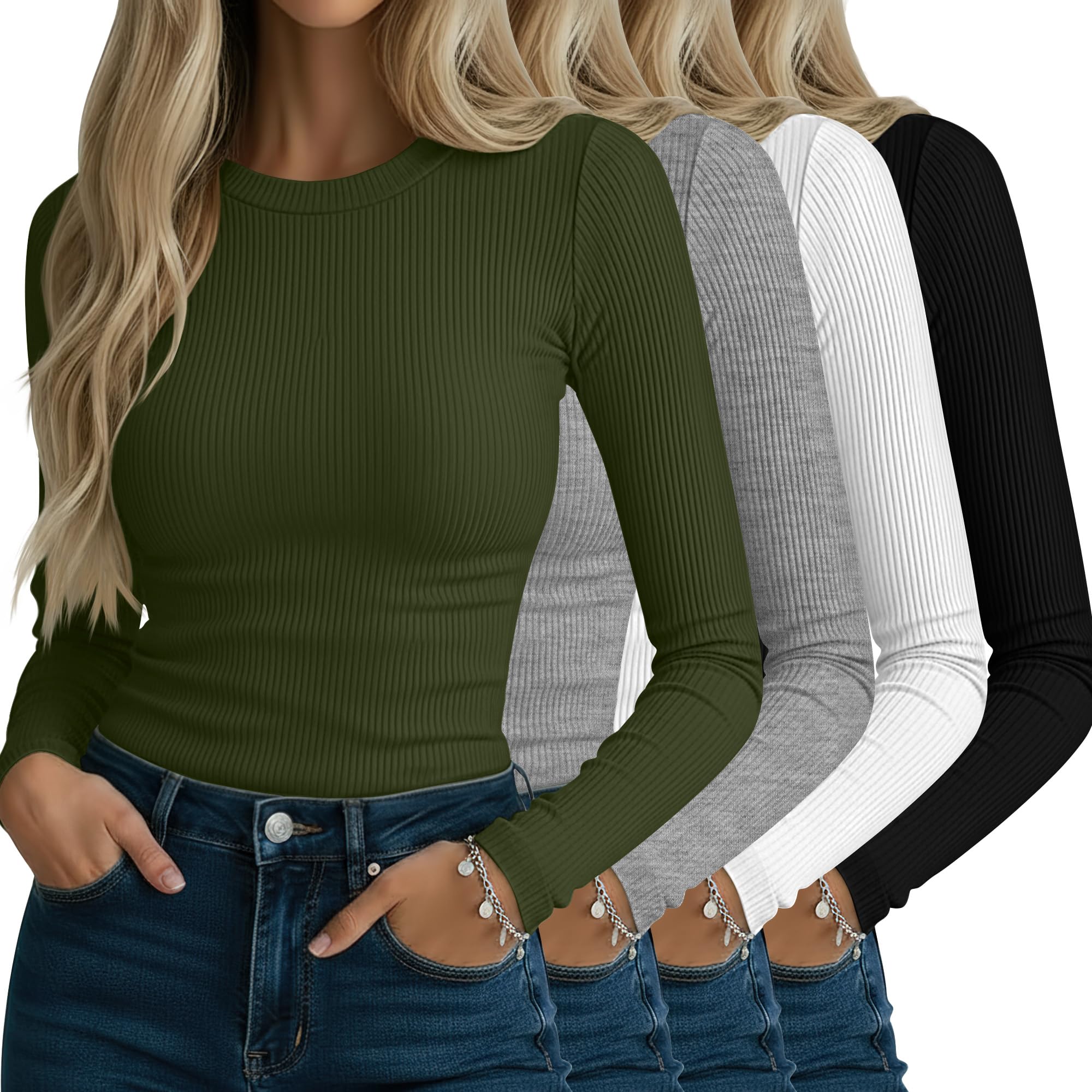 Neer Lot de 4 T-Shirts à Manches Longues Côtelés pour Femme, Col Rond en Coton, Coupe Ajustée, Maille Extensible | Hauts basiques à manches longues, sous-vêtements en tricot à col rond, t-shirts extensibles pour entraînement