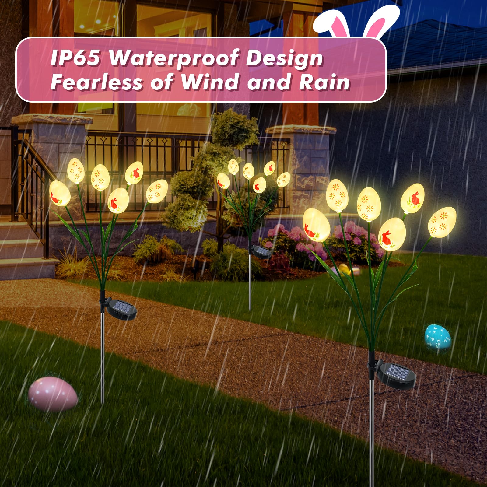 Easter Decoration Solar Lights for Outdoor Garden 2 Pack 12LED Easter Eggs with Rabbit Pattern - Image 2