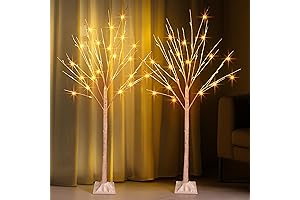 2 Pack Pre-Lit Christmas White Birch Trees with Warm White LED Lights