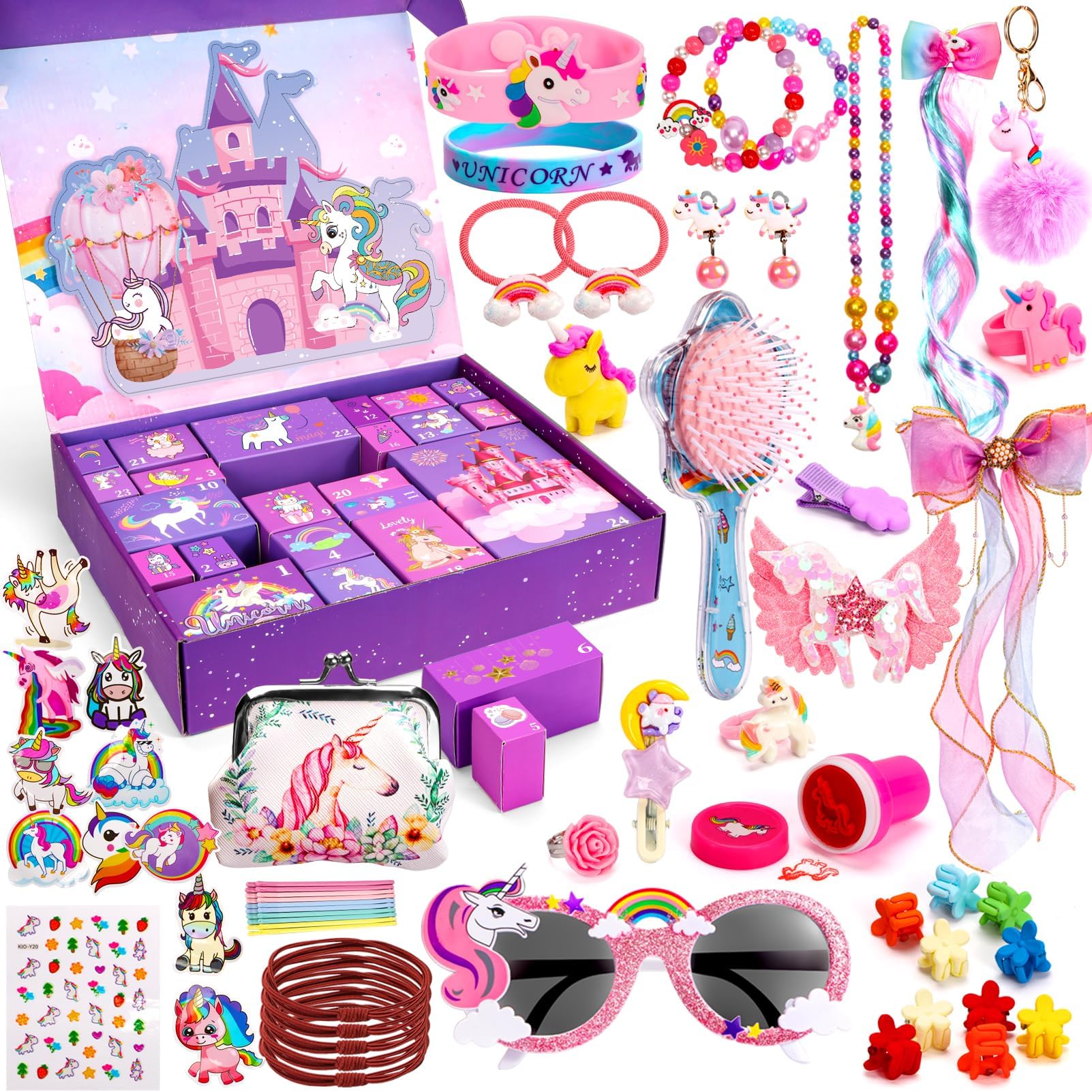 Atonofun Advent Calendar 2023 Girls, Christmas Countdown Calendar, Unicorn Gift for Girl 24 Days Surprise Gift Box for for kids Toddlers, Xmas Gift with Hair Accessories Jewelry Sunglasses Purse