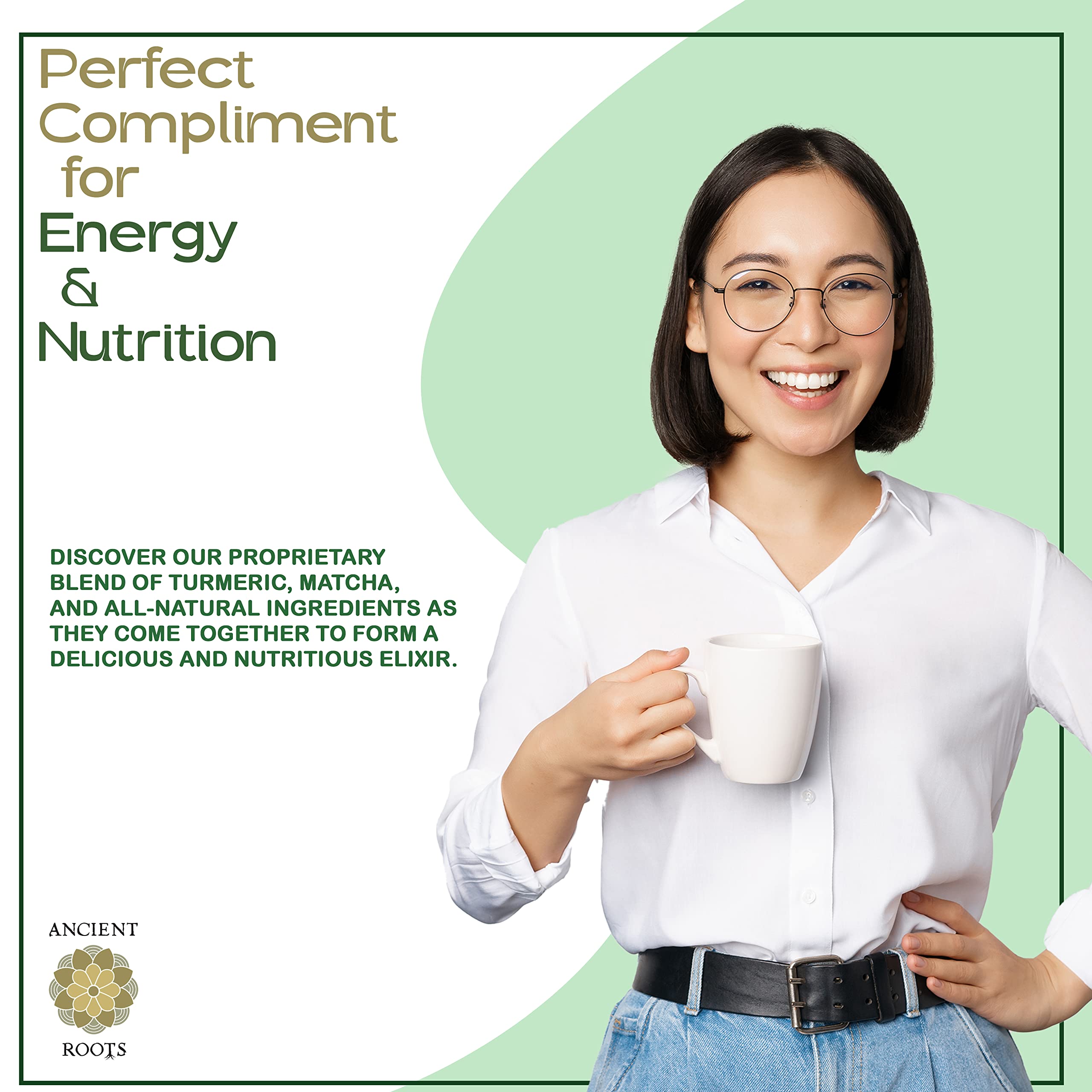 Ancient Roots Turmeric Matcha Mix - With Cinnamon Ginger and Black Pepper - All-Natural Low-Calorie Powdered Tea Mix — view 6