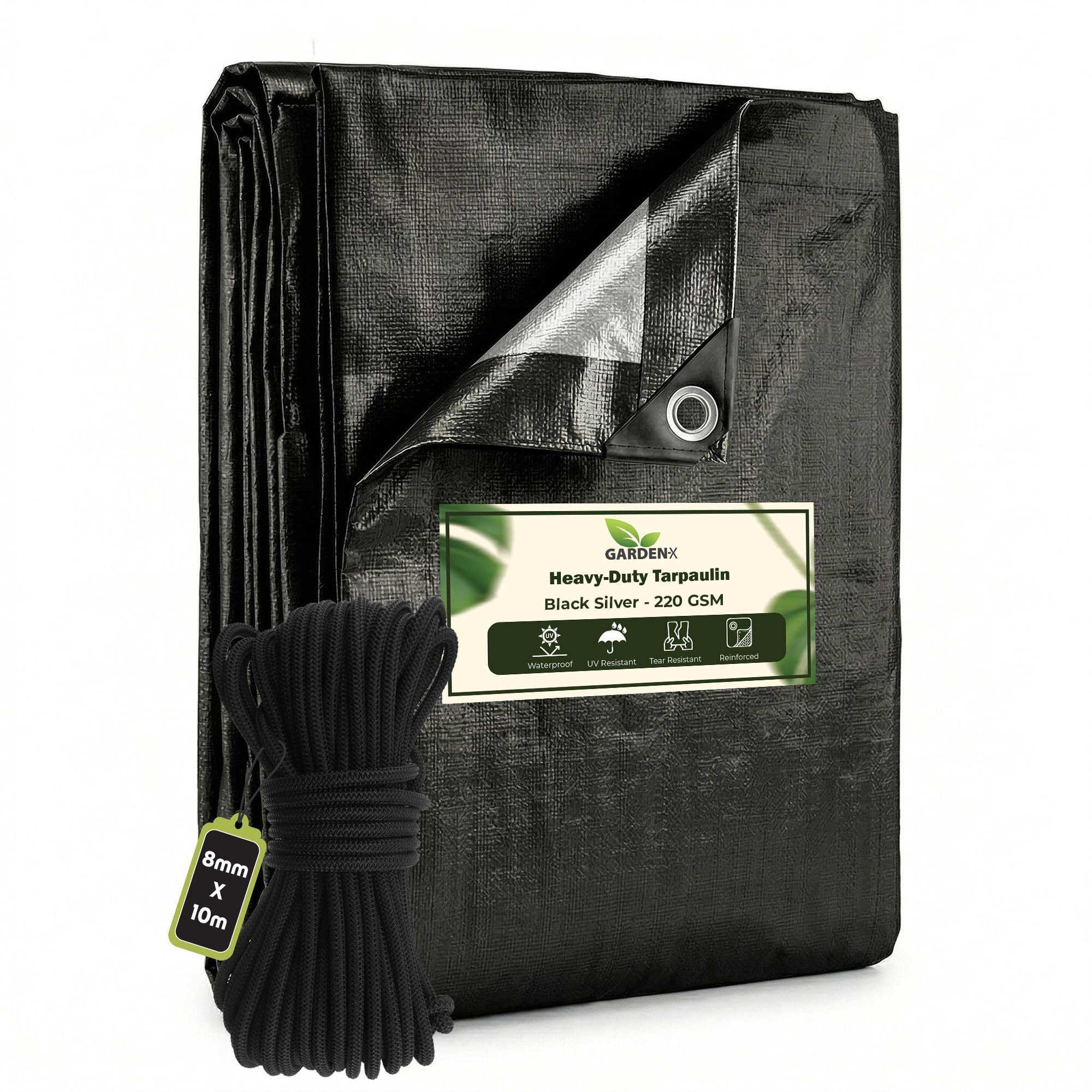 GARDENIX 1.5m x 2m Black Heavy Duty 220gsm- eyelets every 50 cm Tarpaulin Waterproof Tarp Sheet Cover, Groundsheet, Multipurpose, Reinforced + 10 Metres of 8mm Bungee Rope