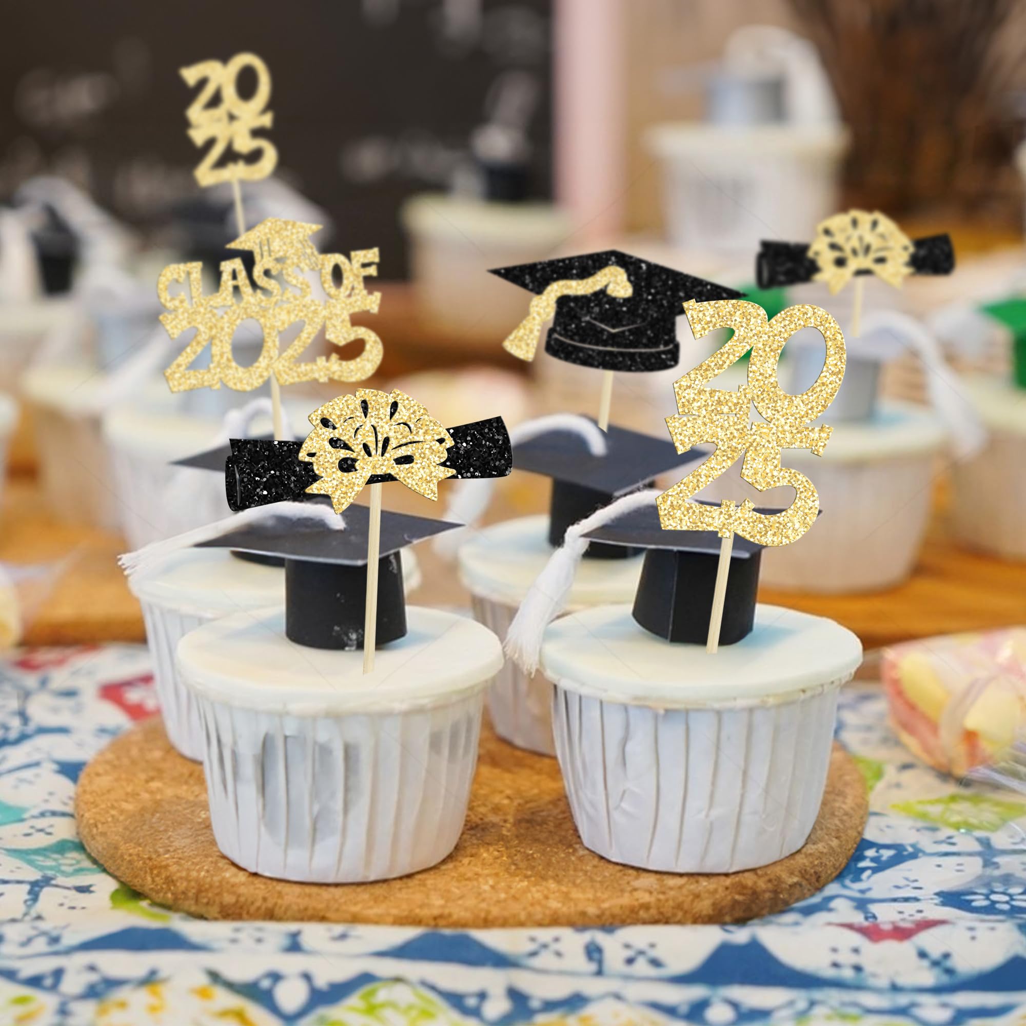 Ephlyn 36Pcs 2026 Graduation Theme Cupcake Toppers Glitter Class of 2026 Congrats Grad Diploma Graduation Cap Cupcake Picks for 2026 Graduation Theme Party Cake Decorations Supplies Gold - Image 4