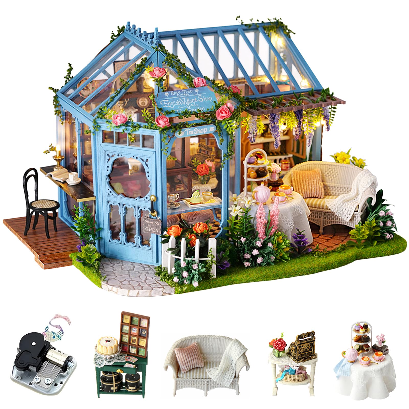 CUTEROOM DIY Miniature House Kits for Adult, Wooden Dolls House Handcraft Creative Room for Decoration, Model House Kit with Furniture- Rose Garden Tea House