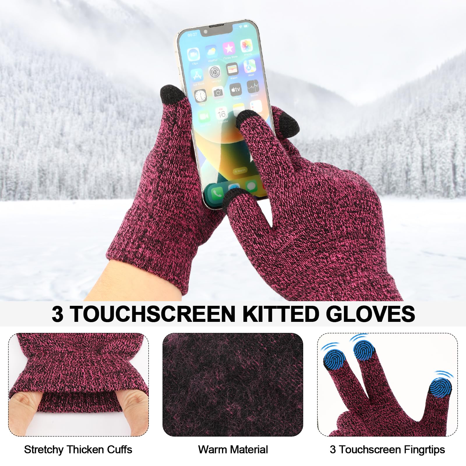 Invierno Gorro Bufanda Guantes de Pantalla Táctil Set 3 en 1 para Mujeres, Sombreros de Punto con Cálido Forro Polar Suave Larga Lana Bufanda Elástico Guantes Conjunto para Mujeres Regalos