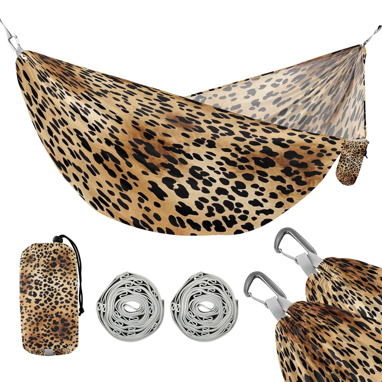 SDMKA Leopard Print Camping Hammock, 330 lbs with 2 Tree Straps, Carry Bag, Single Portable Hammock for Outdoor/Indoor, Hiking, Beach, Backpacking, Travel