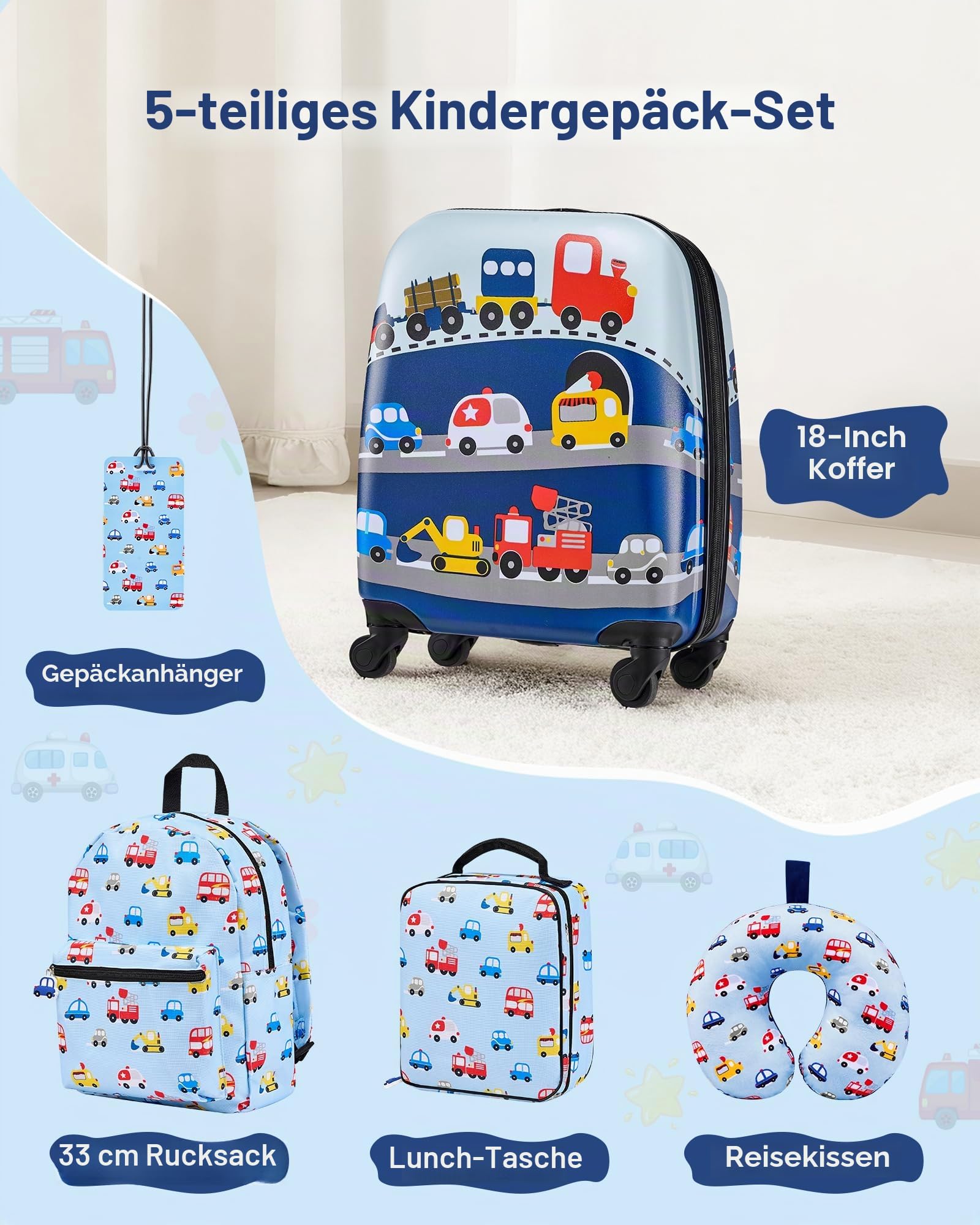 VEVOR 5 TLG. Kinderkoffer Set, 457,2 mm, Hartschalenkoffer mit Kindertrolley, Rucksack, Nackenkissen, Lunchbox & Kofferanhänge, Kofferset fürJungen & Mädchen, praktisch für Reisen Fliegen (Autos)