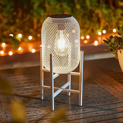 Linterna solar para exteriores, impermeable, de metal blanco, hueco, luz solar para patio, jardín, cubierta, bombilla Edison amarilla cálida,