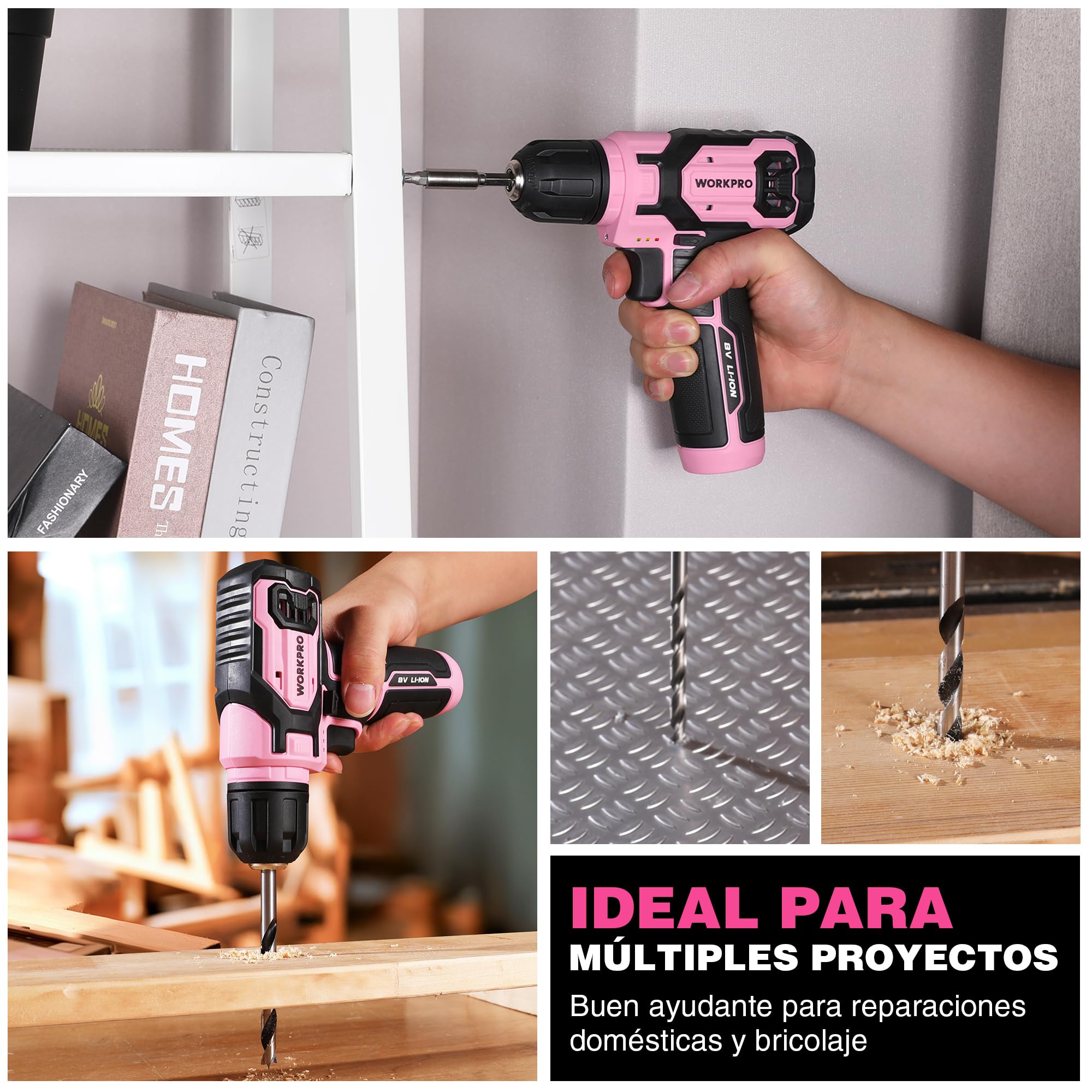 WORKPRO Atornillador Eléctrico 8V con 21 Accesorios, Rosa