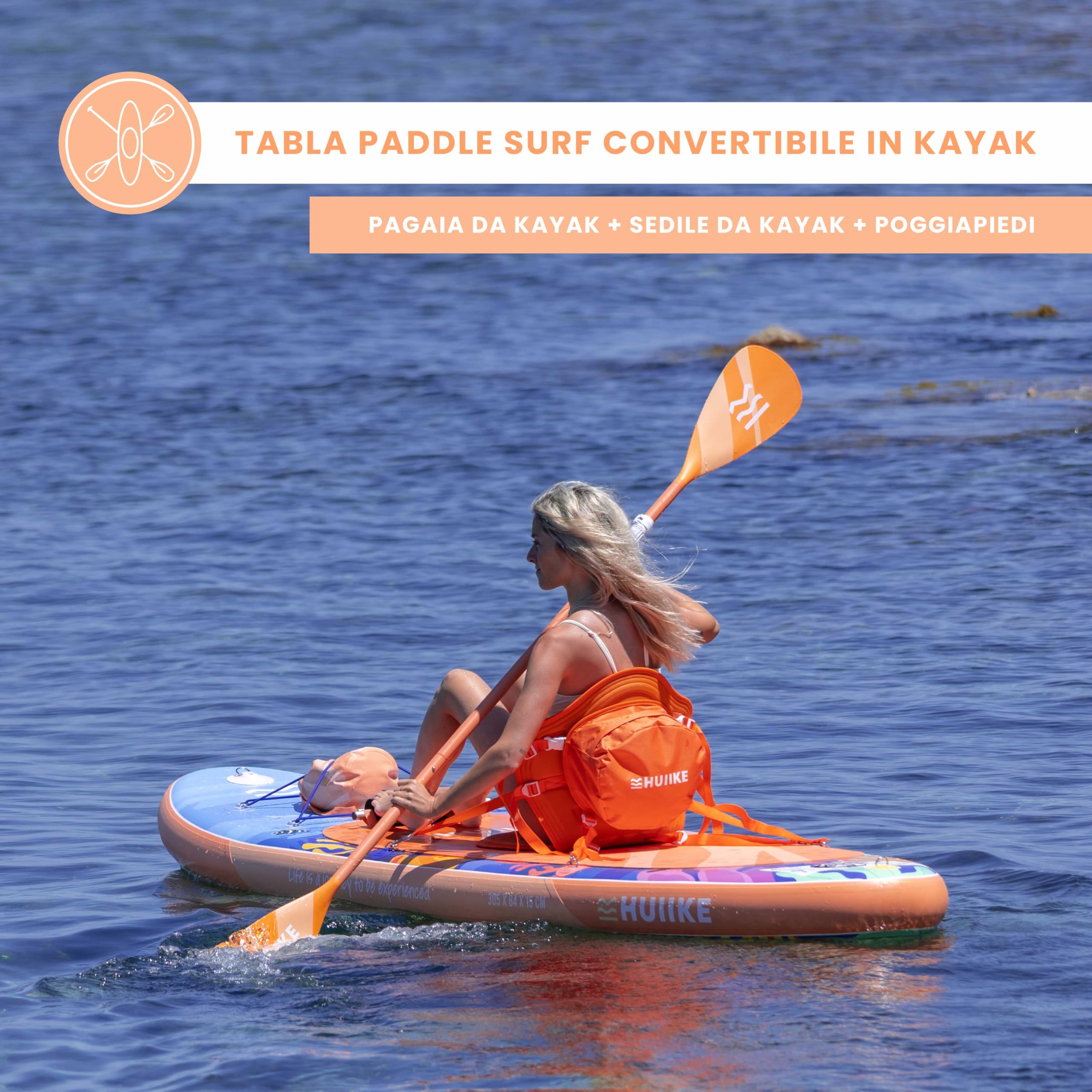 HUIIKE Tavola Sup Gonfiabile Adulti con Accessori Inclusi, Pagaia, Pinne, Pompa. Stand Up Paddle Board con Grande Stabilità e Resistenza. 305 x 84 x 15 cm, Carico Massimo 130 kg