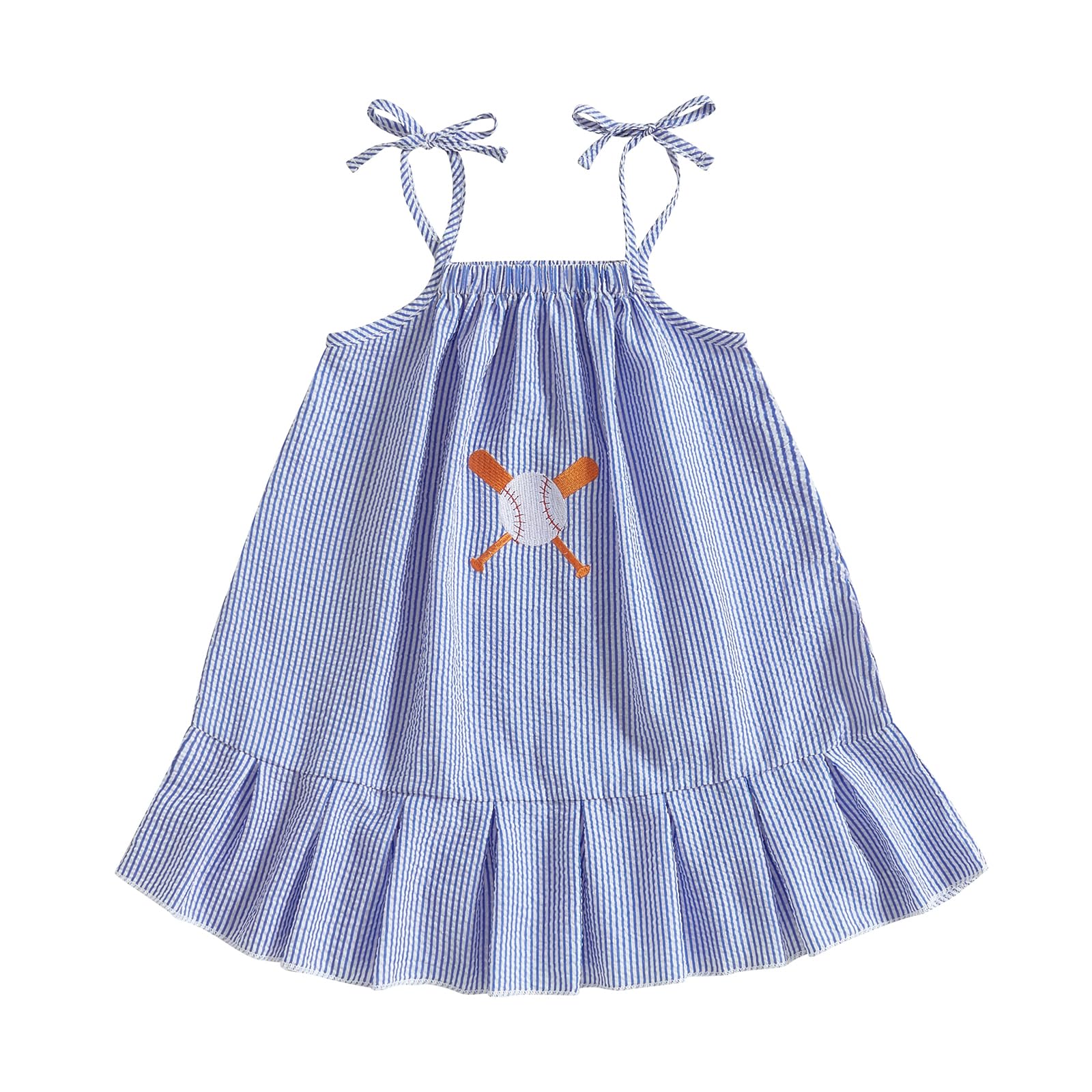 Dewadbow Baby Girls Baseball Dress Toddler Seersucker Dress Sleeveless Baseball Bat Embroidery Sundress Stripe Summer Outfit (Blue, 3-4 Years)