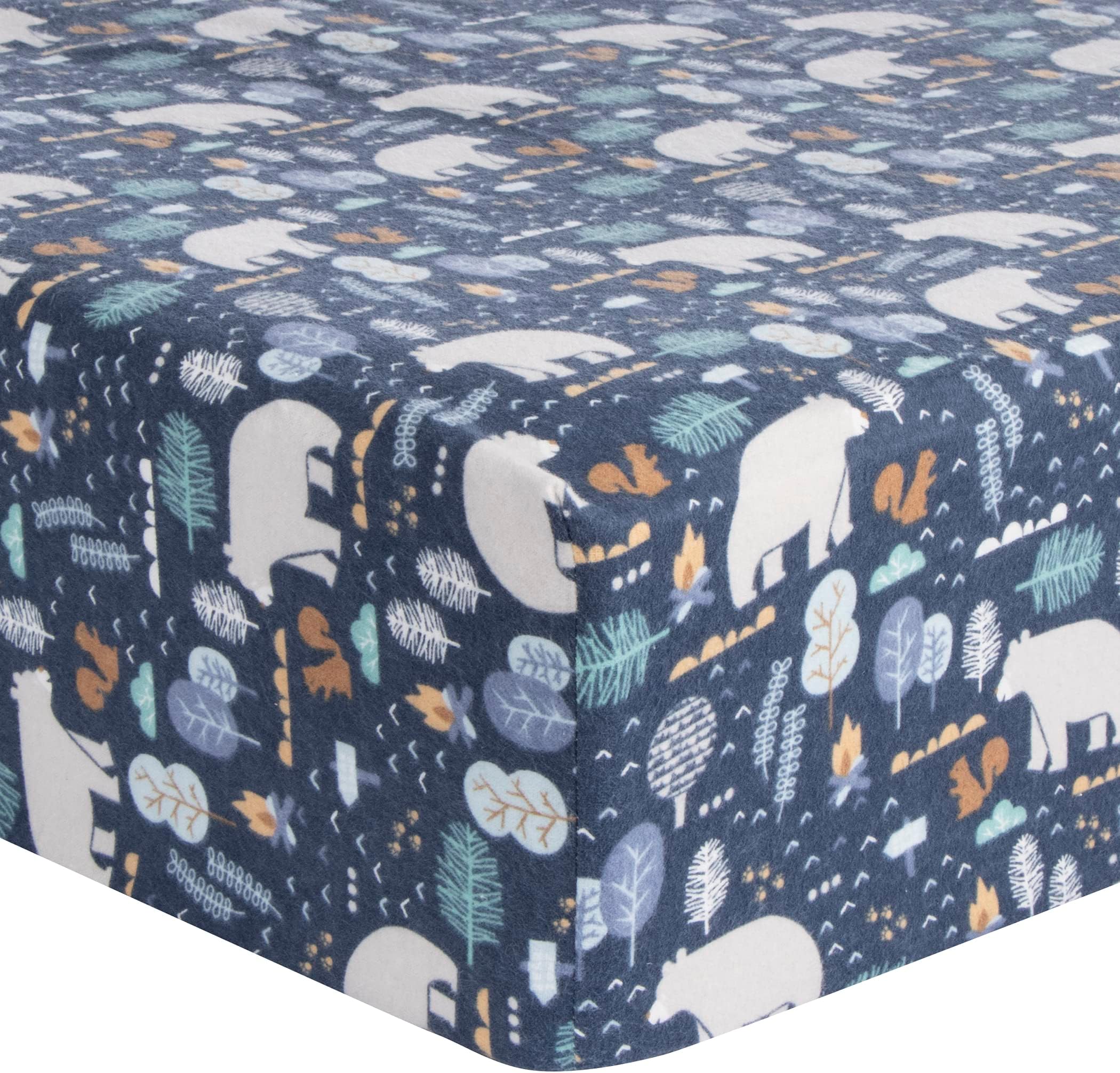 Bear Crossing Fitted Crib Sheet - 100% Cotton; Blue, Brown, Gray; Fully Elasticized; 10-Inch Pockets; Fits Standard Crib Mattress 28 in x 52 in;