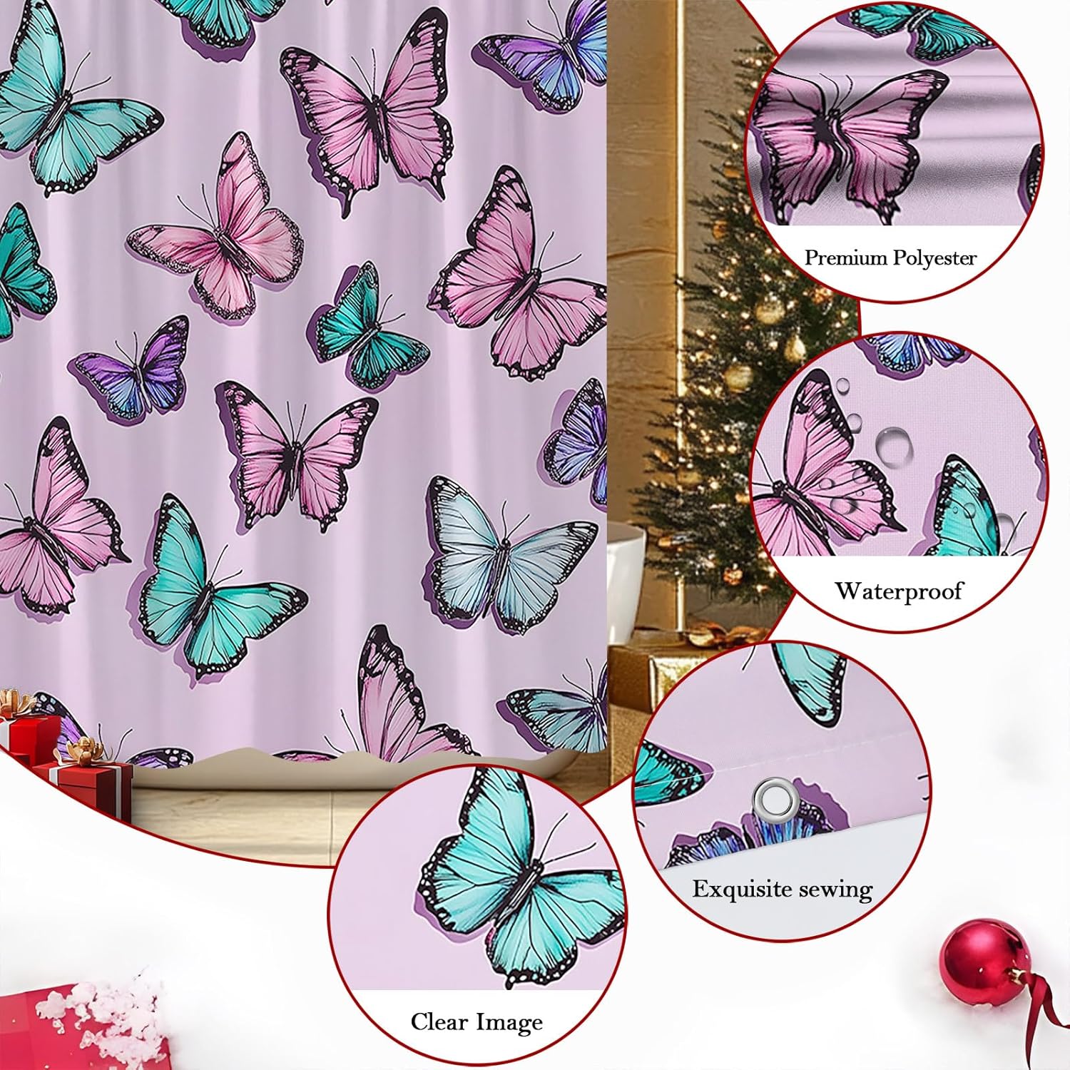 Butterfly Shower Curtain Teal Pink Blue Multicolored Butterflies Rustic Farmhouse Animal Bathroom Polyester Curtains Set with Hooks 75x70 Inch