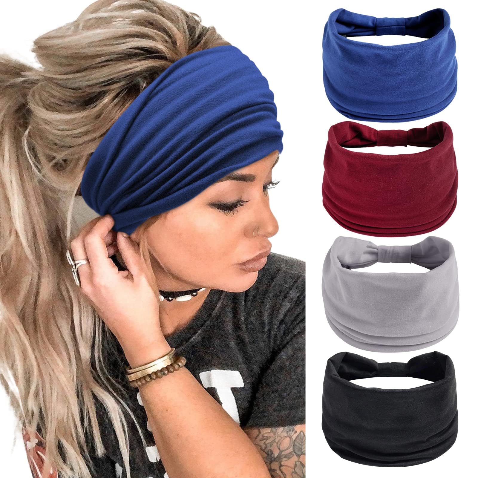 Huachi Wide Headbands for Women Black Stylish Head Wraps Boho Thick Hairbands Large African Sport Yoga Turban Headband Hair Accessories (Pack of 4)