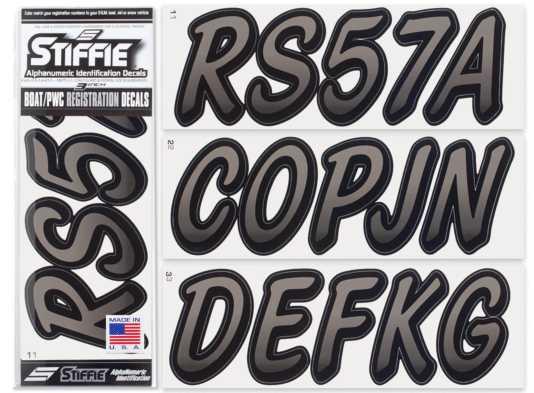 STIFFIE Whipline Charcoal/Black 3" Boat &amp; PWC Registration Decals • Numbers Letters Stickers