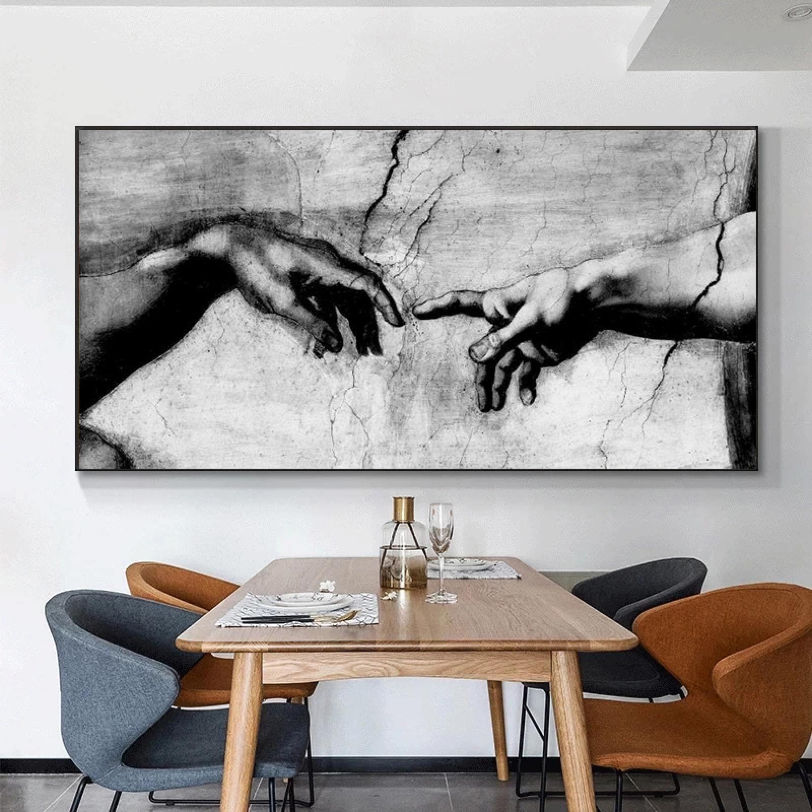 Pintura en lienzo en blanco y negro de la creación de Adán, obra de arte de la mano de Dios, impresión artística para pared, decoración de sala de estar, 70 x 140 cm (28 x 55 pulgadas), sin marco.