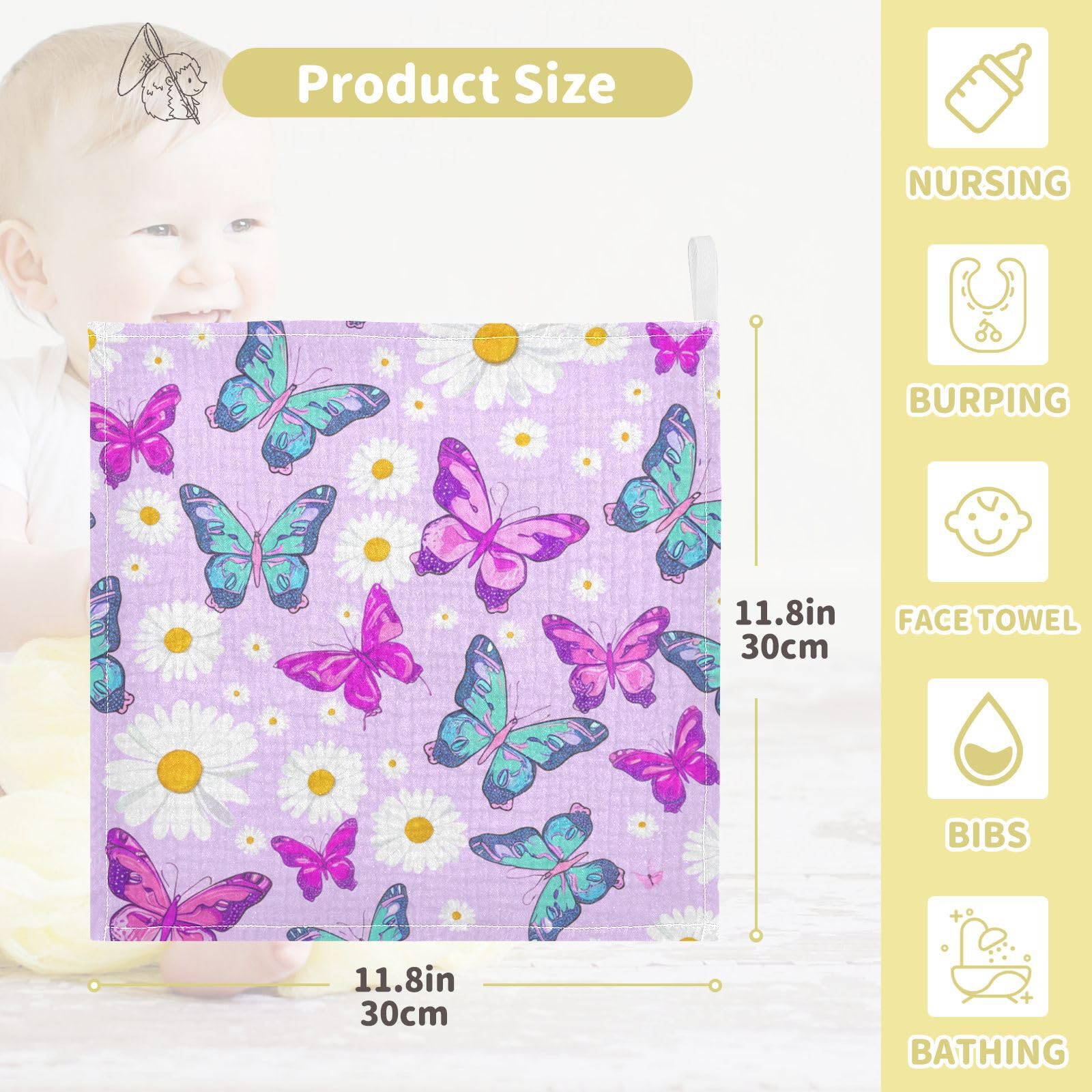 Nander 5Pack Baby Muslin Washcloths,Beautiful Butterflies and Daisies Soft Face Cloths for Newborn, Absorbent Bath Wash Cloths, Wipes, Burp Rag,Toddlers Essentials Stuff, Baby Registry as Shower