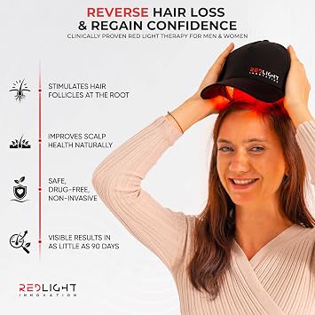 Red Light Therapy Hat Pro Growth Kit - Red Light Therapy Hair Cap for Hair Regrowth & Loss Support - Lightweight, Comfortable, Portable - Black, Unisex Adult, Baseball Cap