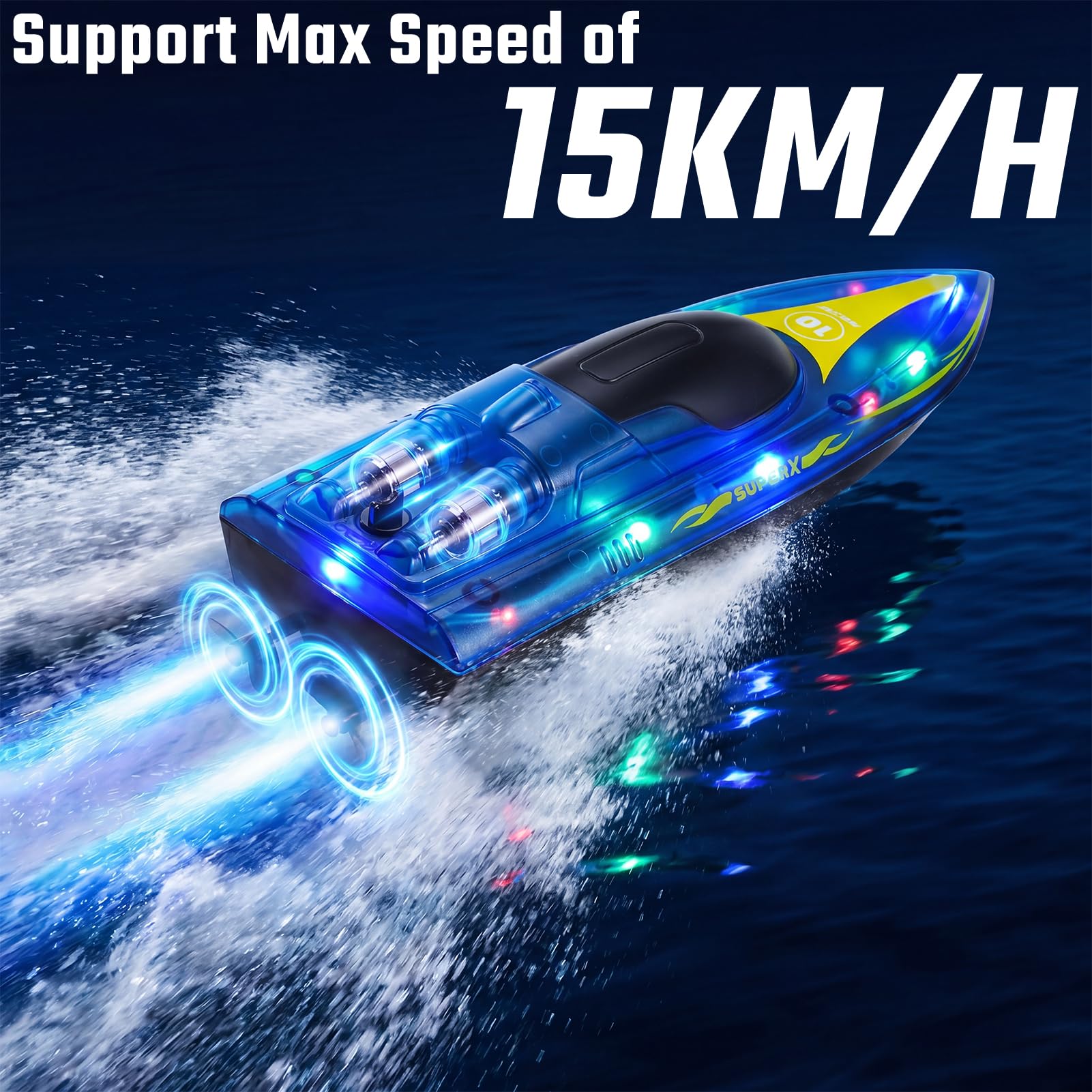 Barco Teledirigido, 2.4GHz Lancha Teledirigida con Luces LED, 2 Baterías, 90+ Mins, Alerta de batería baja, 15KM/H Barco RC para Piscinas Lagos, Juguete acuático para Adultos, niños de 14 años arriba