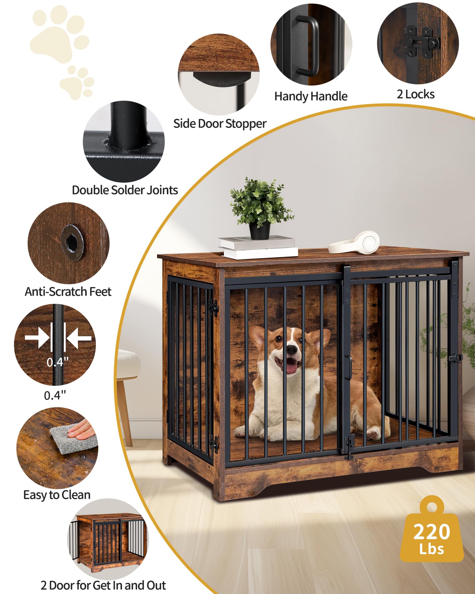 Hzuaneri Hundekäfig Möbel, 81cm hundebox für zuhause, Schiebetüren, 2 Türen, Moderne hundebox Holz Indoor für kleine/mittlere Hunde, Hundekäfig für Zuhause, 81 x 55 x 67,5cm, Vintagebraun DFC83601B