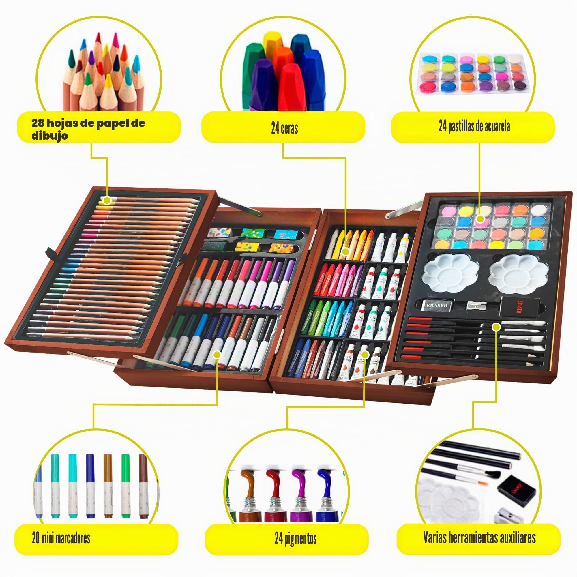 KINSPORY Maletin Pinturas para Niños, 139 piezas Juegos de Dibujo, Acuarelas Lapices con caja de madera (Marrón)