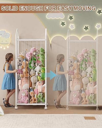 Miniatura 3 de UMDONX Organizador de animales de peluche con ruedas, estante de zoológico de animales de peluche con cuerda elástica para habitación de niños, sala