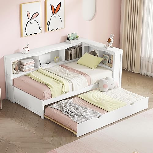 Sofá cama con cabecera de estantería, marco de cama esquinero de tamaño individual con estación de carga, cama de plataforma de madera con