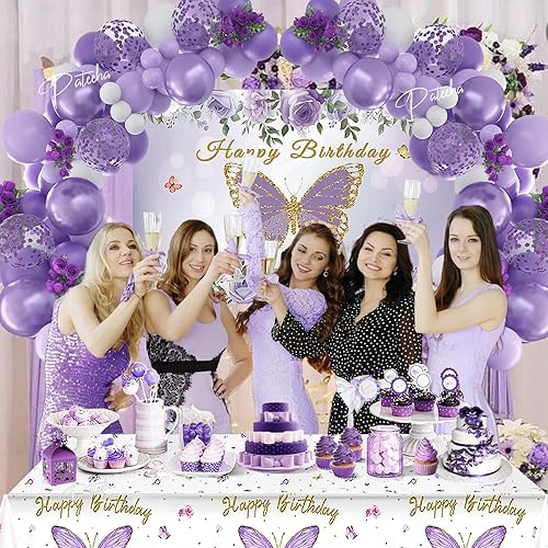 Miniatura 8 de Pateeha Decoraciones de cumpleaños de mariposa para niñas de 8 a 10 pies, kit de arco de guirnalda de globos morados con telón de fondo de mariposa,