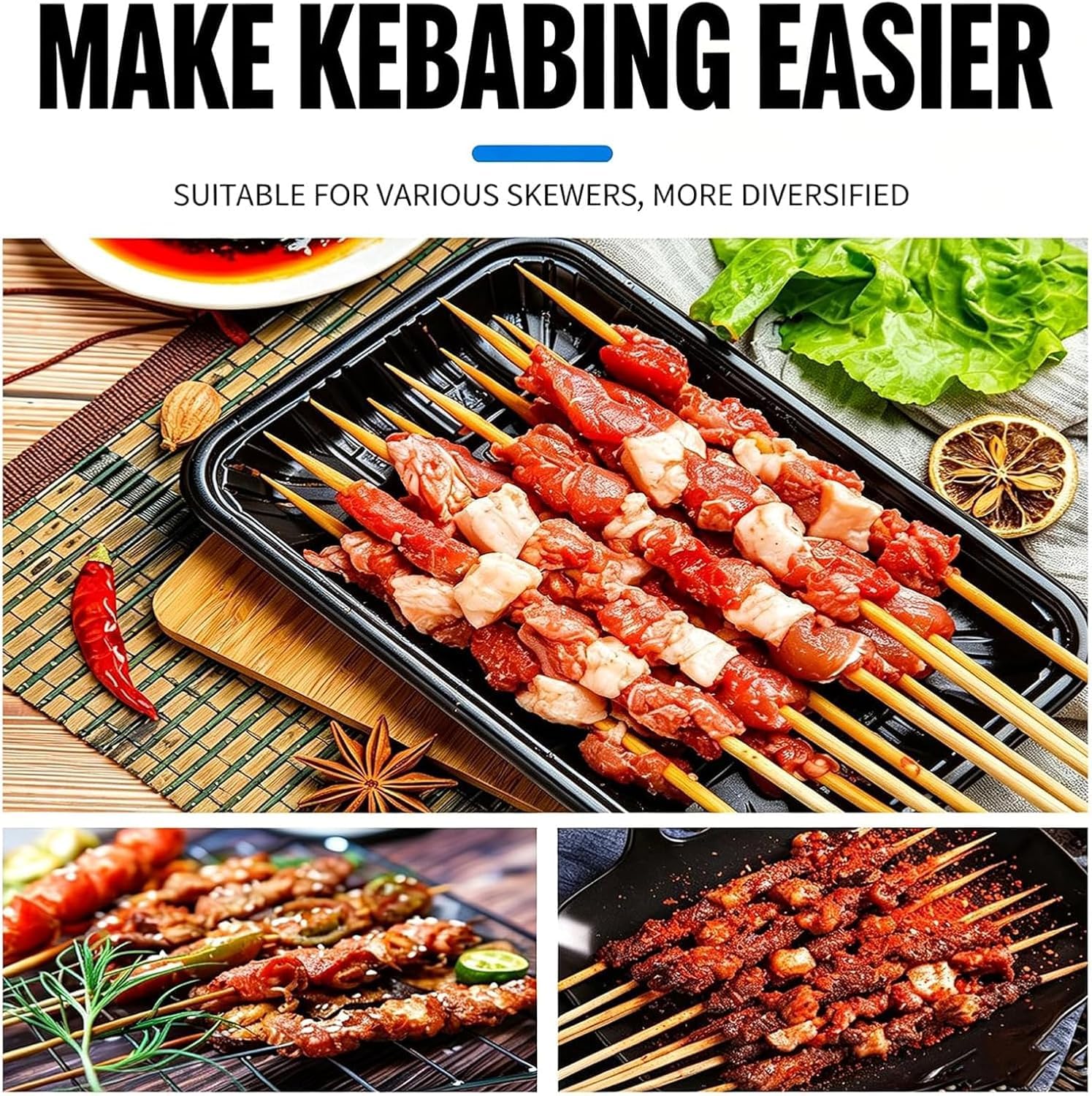 Spiedini in bambù, macchina manuale per kebab a 8/12 fori, design regolabile in acciaio inox, si adatta a spiedini di bambù/metallo, ideale per picnic all'aperto e campeggio