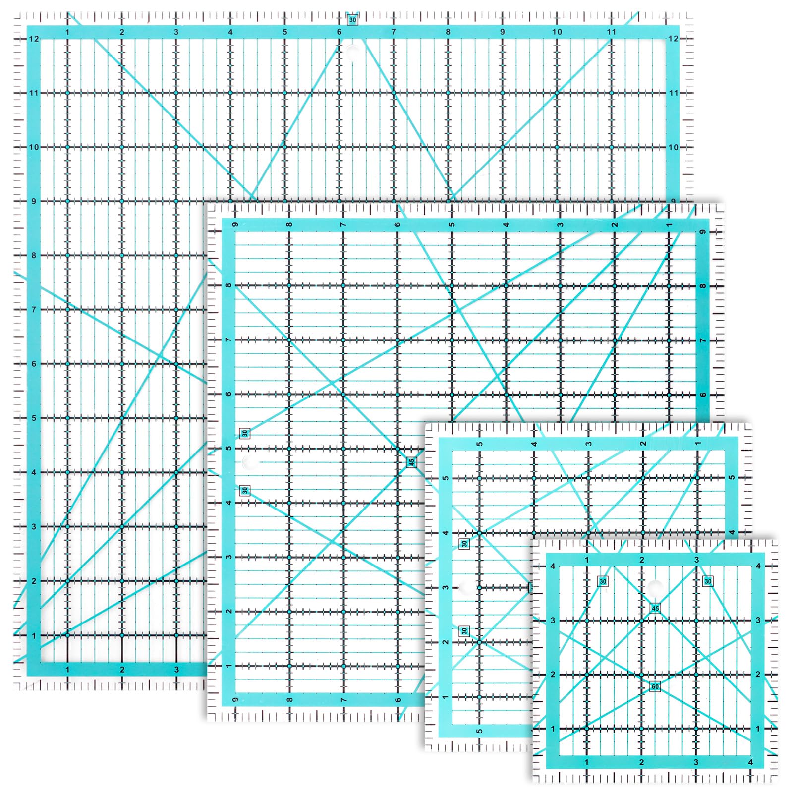 4 righelli patchwork da 31,75 cm, 24,13 cm, 15,24 cm, 11,43 cm, righello per cucitura quadrato, con scala e indicatore angolare, 30/45/60 gradi, righello da taglio trasparente per cucire
