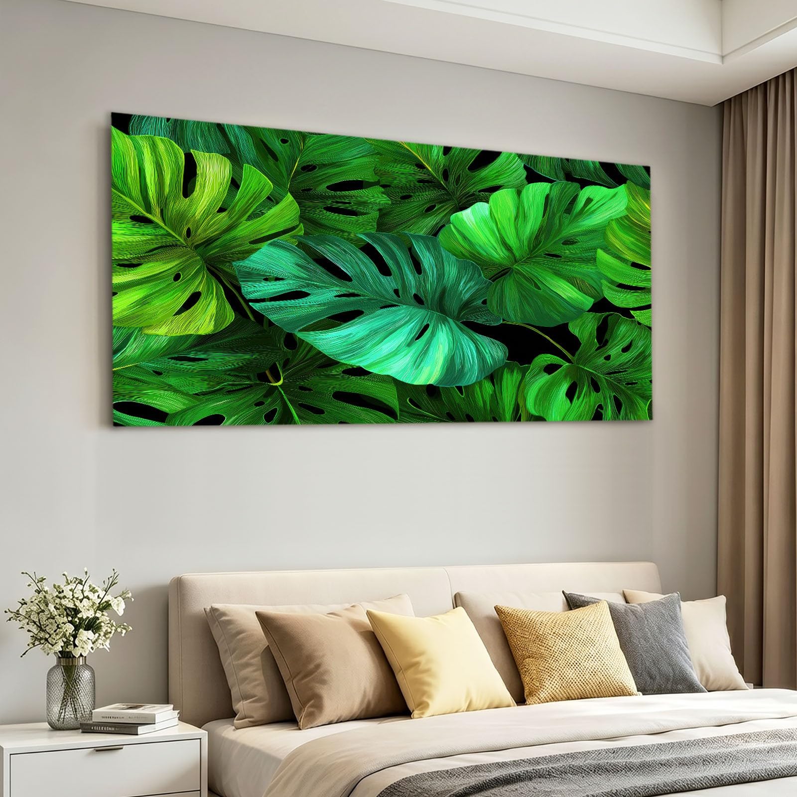 Obraz ścienny z tropikalnymi roślinami, obraz na płótnie - ściana na płótnie 120 x 80 cm, druk na płótnie z liściem monstery, oprawiona sztuka ścienna do salonu i sypialni, dekoracja ścienna, zielony