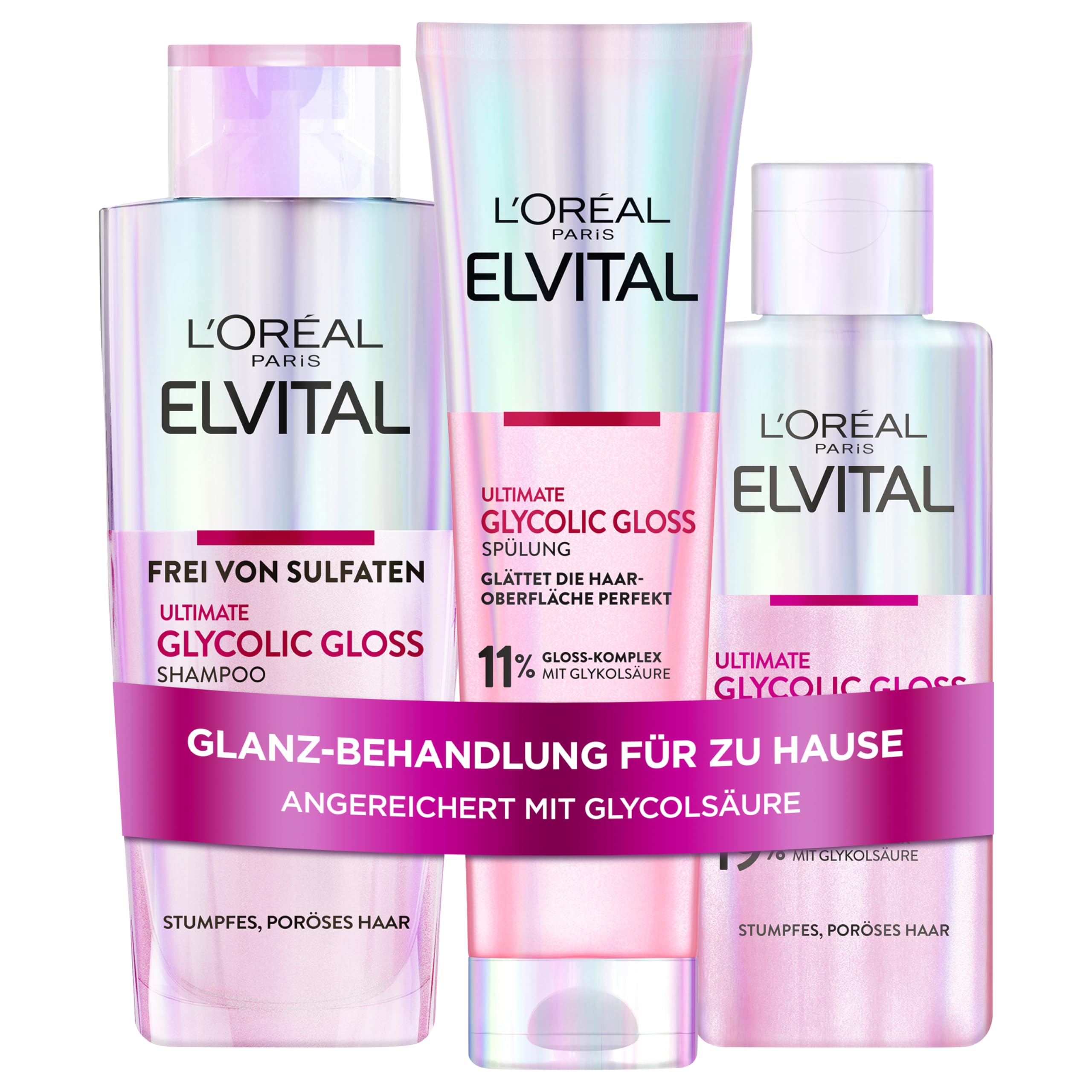 L'Oréal Paris Elvital Glycolic Gloss Bundle with Shampoo, Conditioner, 5 Minutes Hair Lamination for Dull Hair, Care Routine for Healthy Hair and Strong Shine, Set with Glycolic Acid, 3 Pieces