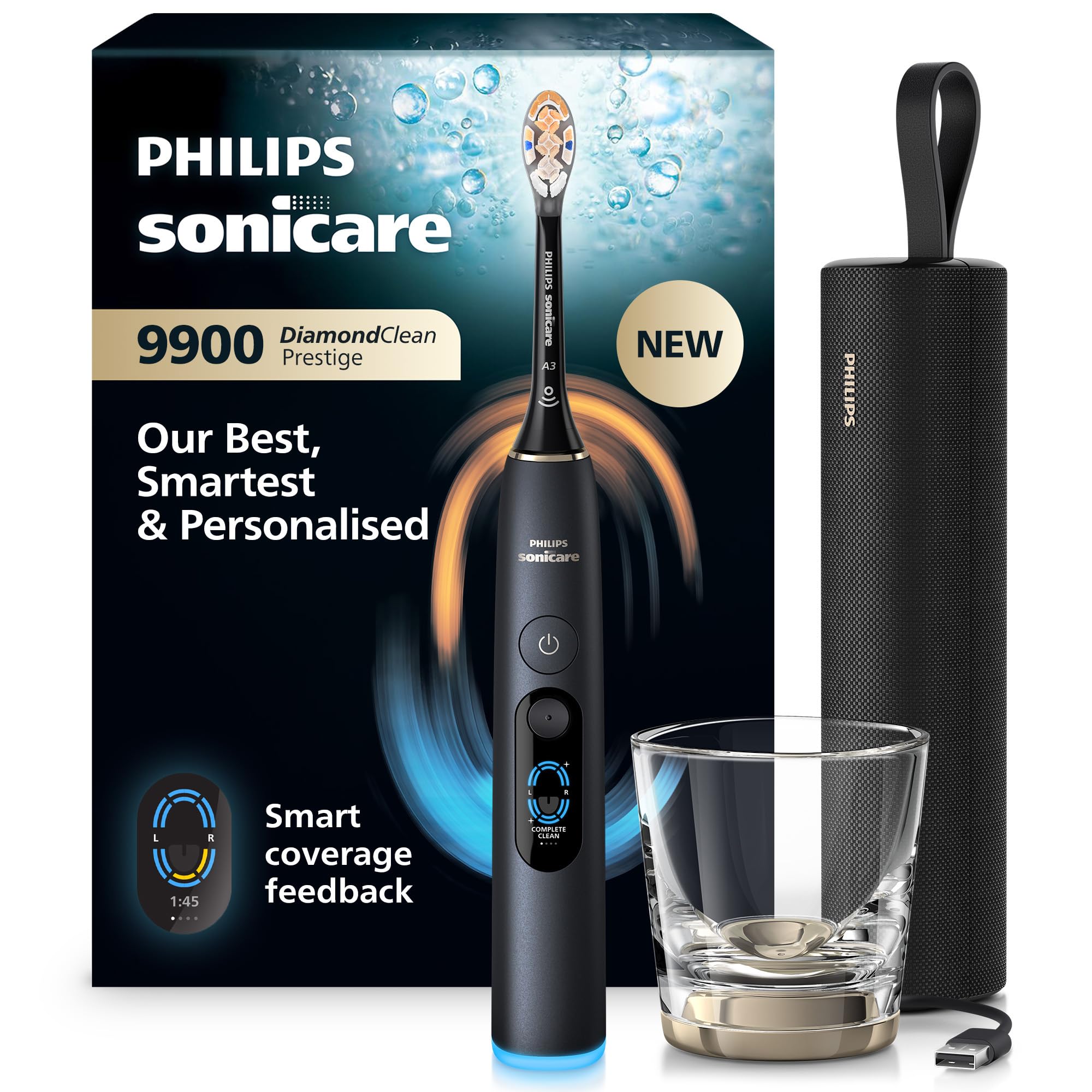 Philips Sonicare Next-Generation DiamondClean 9900 Prestige Sonic Electric Toothbrush − with SenseIQ, Smart Coverage Feedback, Smart Pressure Feedback and 24 Settings, Quartz Black, HX9813/92
